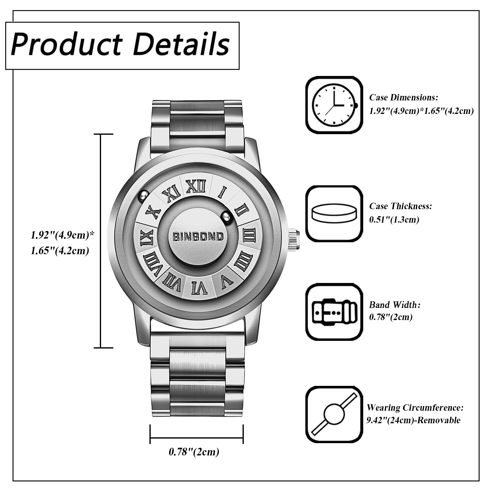 JewelryWe Herrenuhr Edelstahl Magnet Uhr Kein Glas Kugellager Analog Quarz 30m Wasserdicht Armbanduhr Herren Edelstahlarmband Spiegellose Magnetschwebe-Kugeluhr mit Römische Ziffern