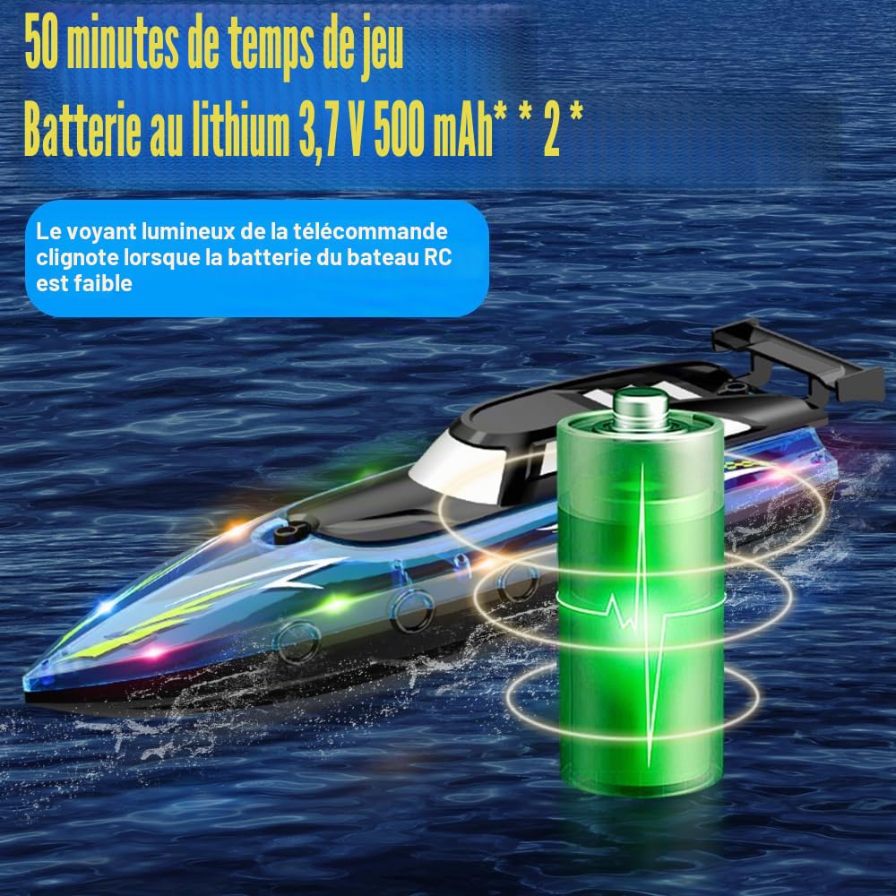OBEST Bateau Télécommandé RC de Course Haute Vitesse avec Lumières LED, 2.4GHz pour Piscines et Lacs avec 2 Batteries, Jouet de Bateau pour Adulte et Enfant