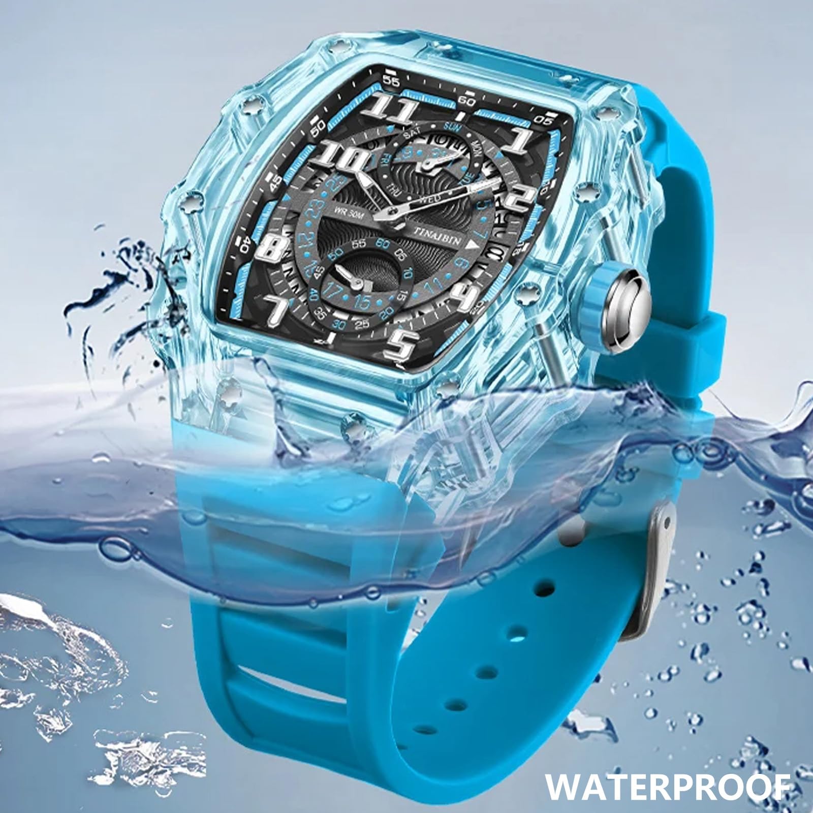 FORSINING Orologio da polso da uomo, al quarzo, cinturino in silicone, casual, cronografo, sportivo, analogico, con data, impermeabile, militare