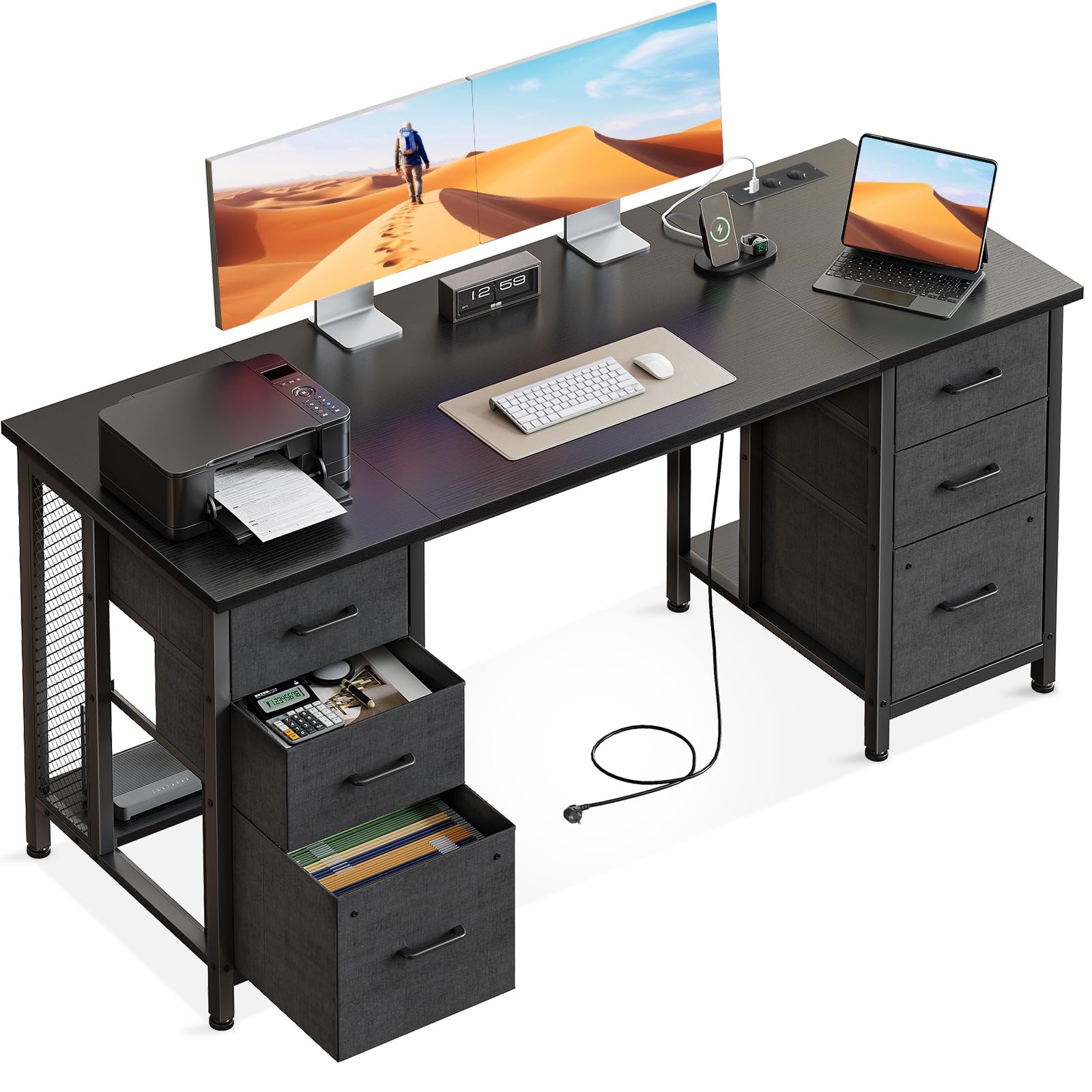 Coleshome Escritorio con 6 Cajones, 160x52 cm Mesa Escritorio 2 Enchufes y 2 Puertos de Carga USB, Escritorio Ordenador con Estantes para la Oficina en Casa, Negro