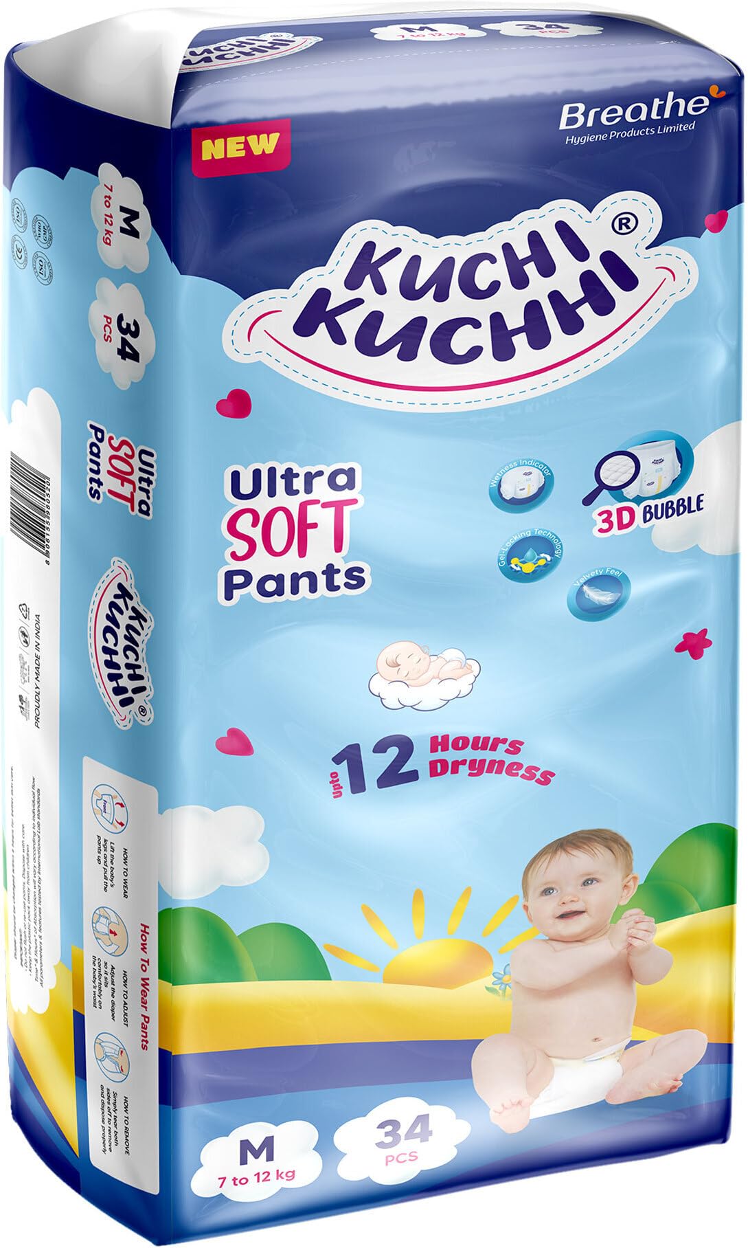 KUCHI KUCHHI Premium super soft baby diaper with a 3D bubble top and super absorbent core | Added active leak barriers and wetness indicators - M Size, 34 Count-image-30