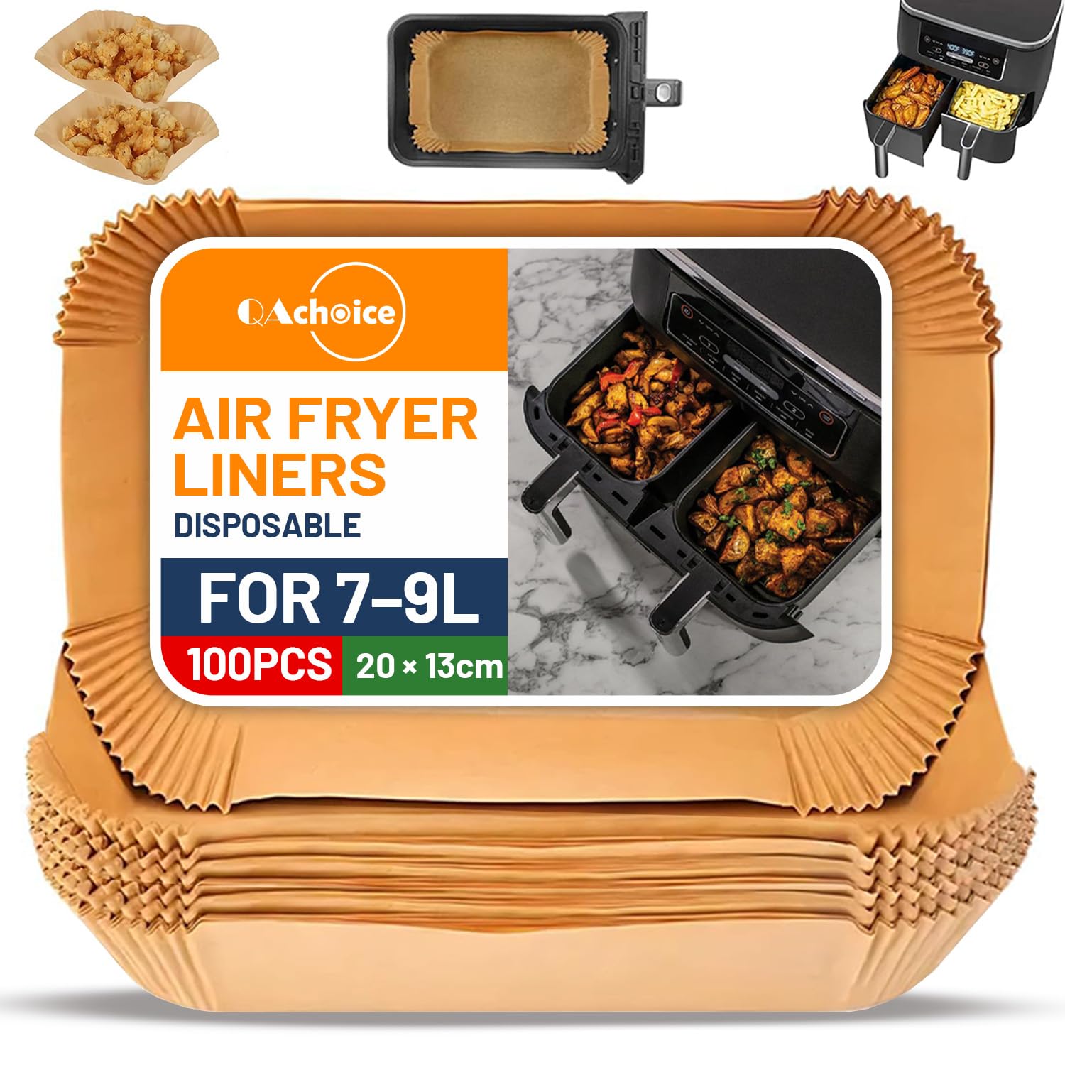 100PCS Disposable Liners for Air Fryer, Rectangular 20x13cm Unbleached Parchment Paper, Compatible with Ninja Dual Zone AF300UK AF400UK, COSORI, Salter, Tower & Most Air Fryers