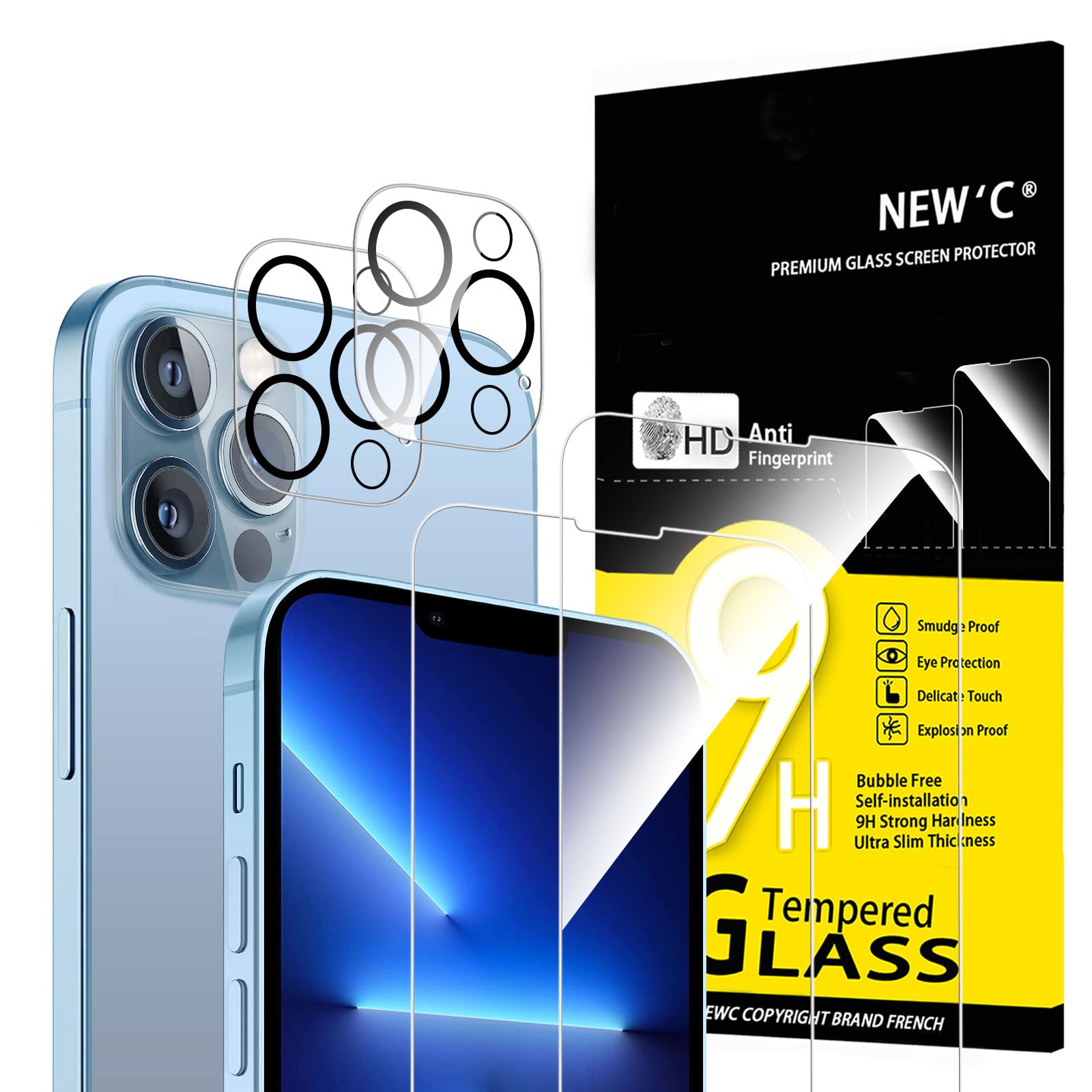 NEW'C Pack of 4, 2 x Tempered Glass for iPhone 13 Pro Max and 2 x Rear Camera Protection, Anti-Scratch, Bubble-Free, Ultra-Resistant, 9H Hardness Glass