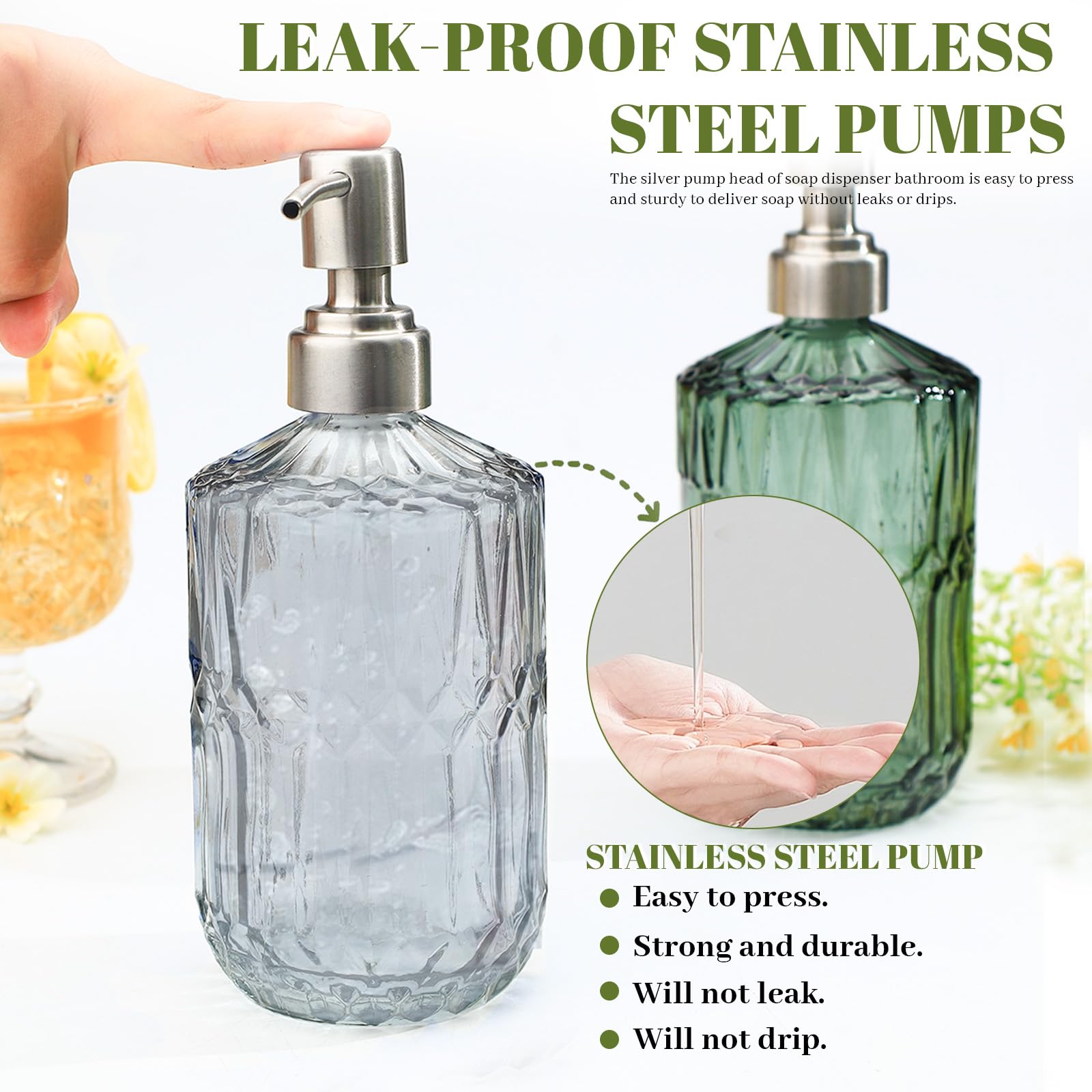 2 dispenser di sapone in vetro con pompa in acciaio inossidabile, 450 ml, vintage, ricaricabile, set per bagno, cucina, sapone per le mani, sapone per piatti, lozioni (grigio)