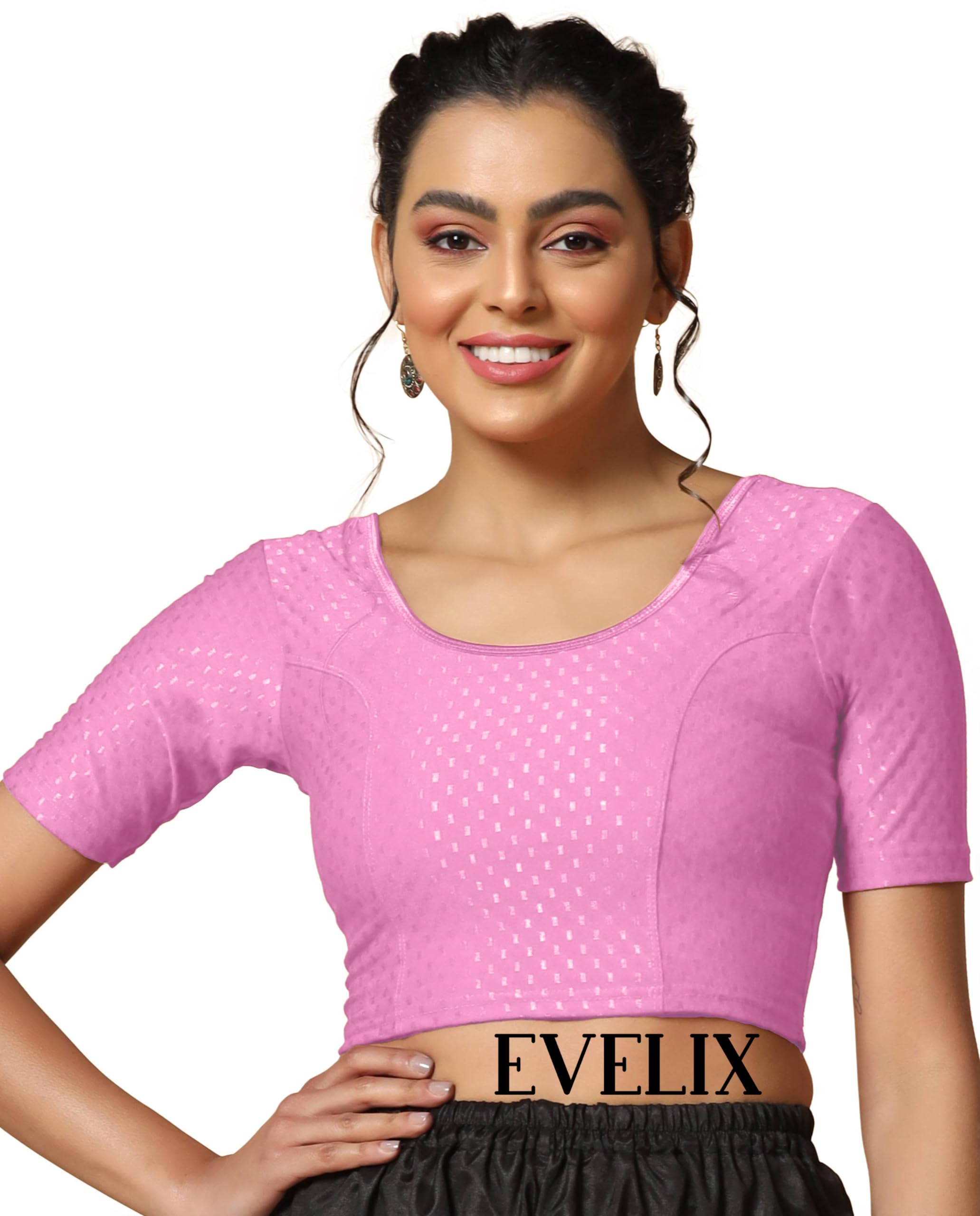 evelix Readymade Half Sleeve Cotton Blouse for Women, Stylish Designer Pull-on Scoop Neck Lycra Blouse for Women, Trendy Woven Crop Top for Girls-picture-61