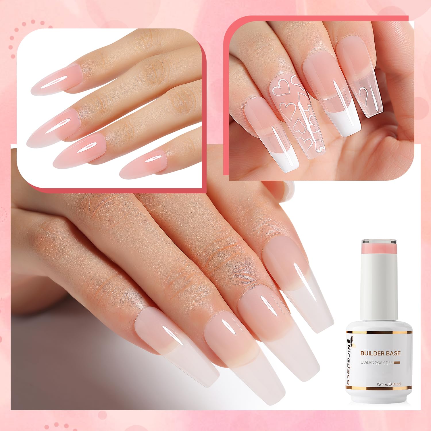 Nicedeco 2pcs 15ml Gel Construction Ongle UV 8 en 1, Gel Builder Base de Renforcement, Réparation et Extensions, Vernis à Ongles Forts, Base Coat, Le Nail Art Décoration Rose Nu