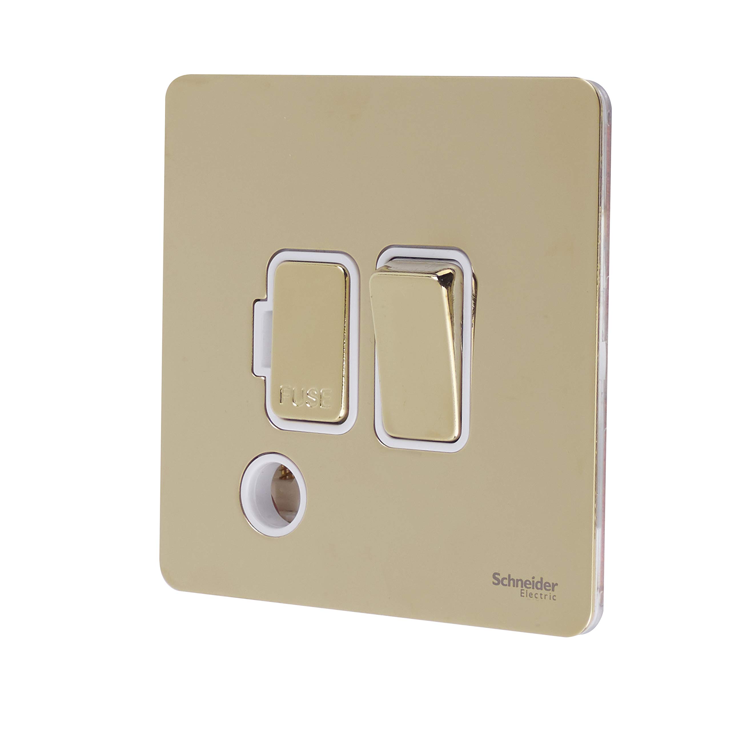 Schneider Electric Ultimate Screwless Flat Plate - Switched Fused Connection Unit, 13A, GU5410WPB, Polished Brass with White Insert - Image 2