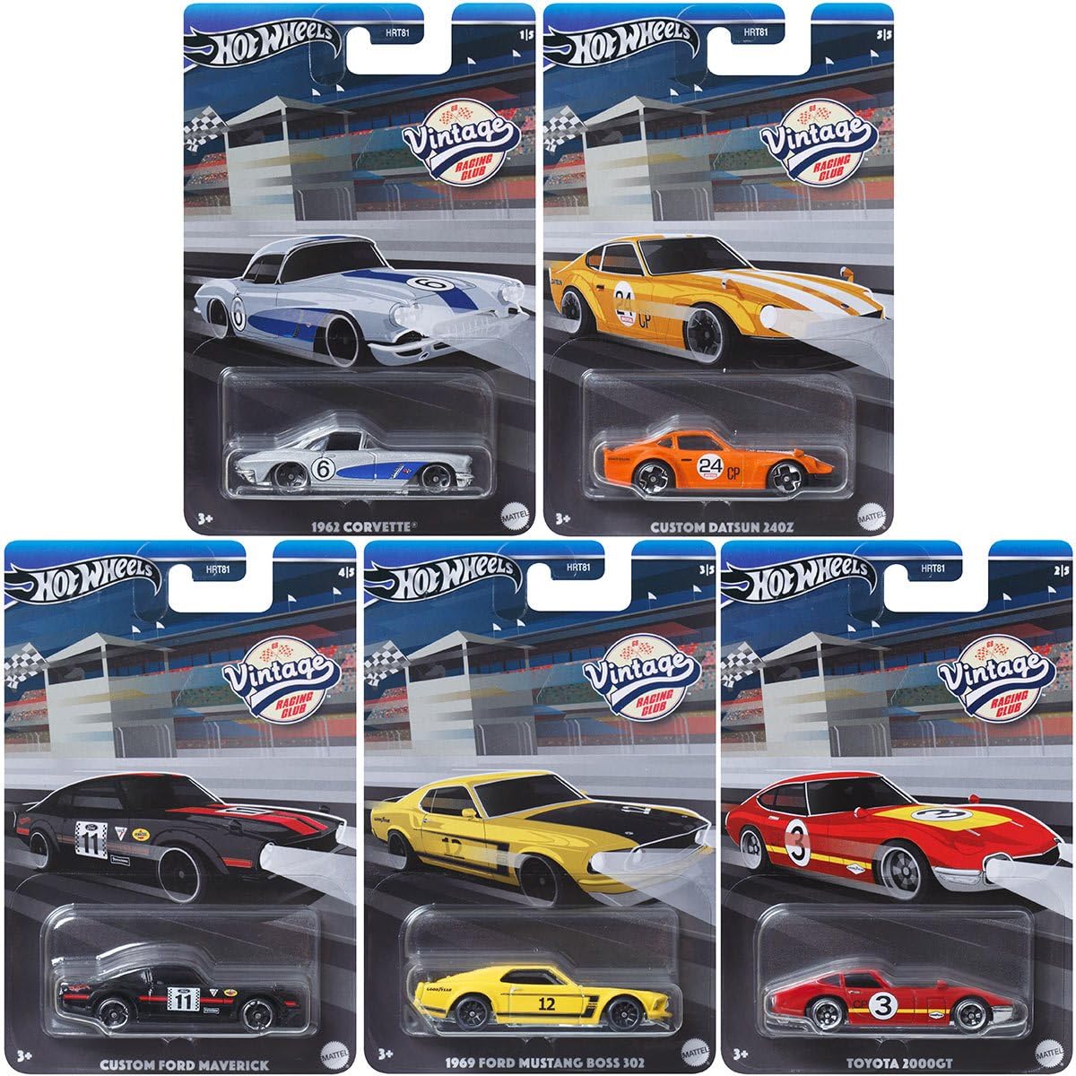 Hot Wheels 2024 Vintage Racing Club â Complete Bundle of 5 DieâCast Vehicles (HRT81â956B) | 1962 Corvette, 1969 Mustang Boss 302, Toyota 2000GT & More | Collectible Edition â Ages 3+