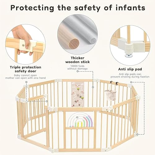 Miniatura 6 de Centro de actividades plegable de madera para bebés, tamaño y forma ajustables, patio de juegos portátil, área de juego con valla para bebé con