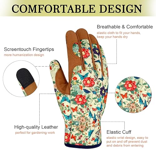 Miniatura 3 de Guantes de jardinería de cuero para mujer, guantes de jardín a prueba de espinas, guantes de trabajo para pantalla táctil, regalos