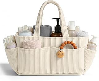 Cesta de pañales de pana para cambiador, organizador de pañales para bebé con compartimentos intercambiables (crema blanco)