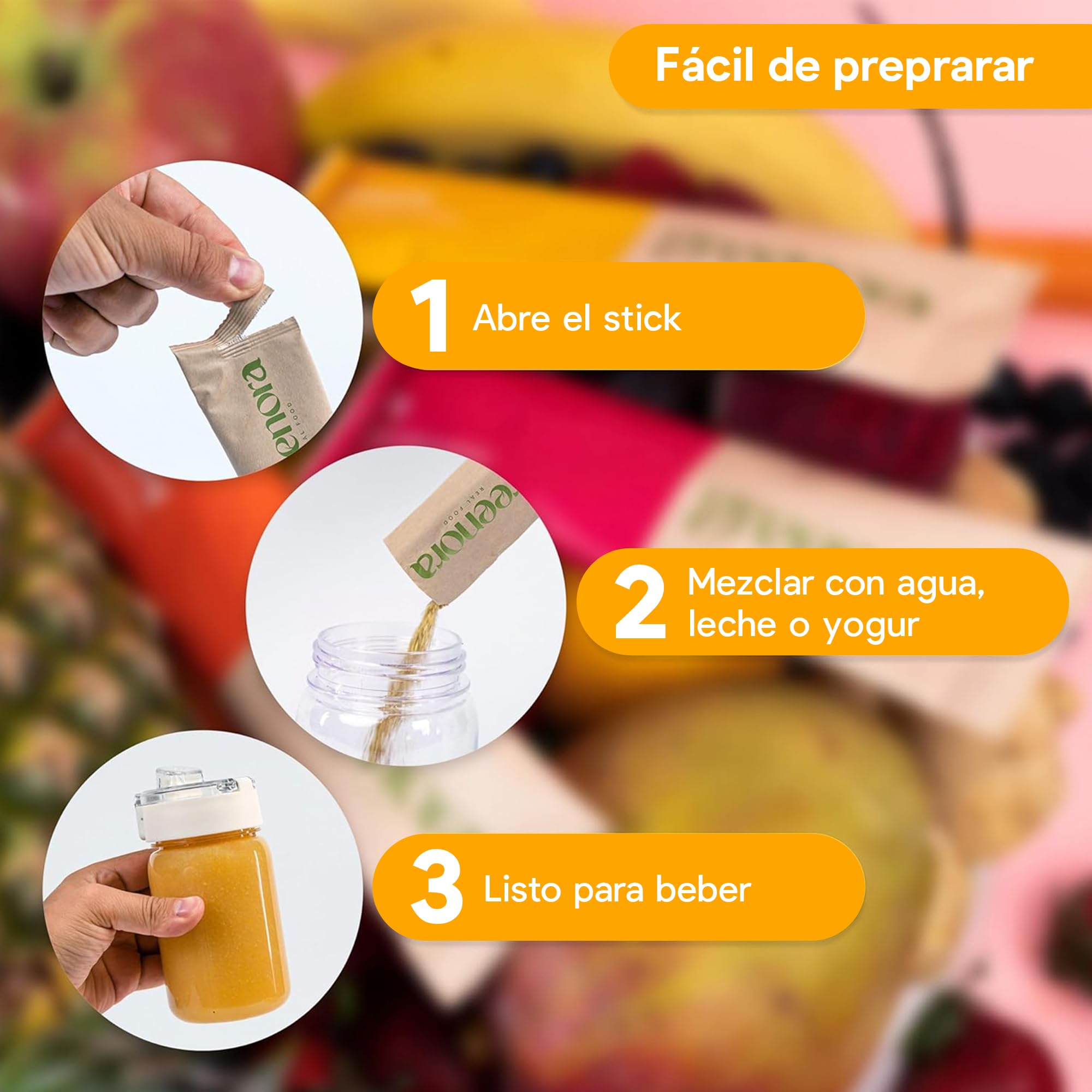 GREENORA Smoothie Vegano de Fruta Liofilizada, Mix de Sabores, Fresa, Manzana, Espirulina, Kiwi, Mango y Plátano en Polvo, Ideal para Recetas, Sin Azúcar ni Aditivos, 9 Unidades (Sticks)