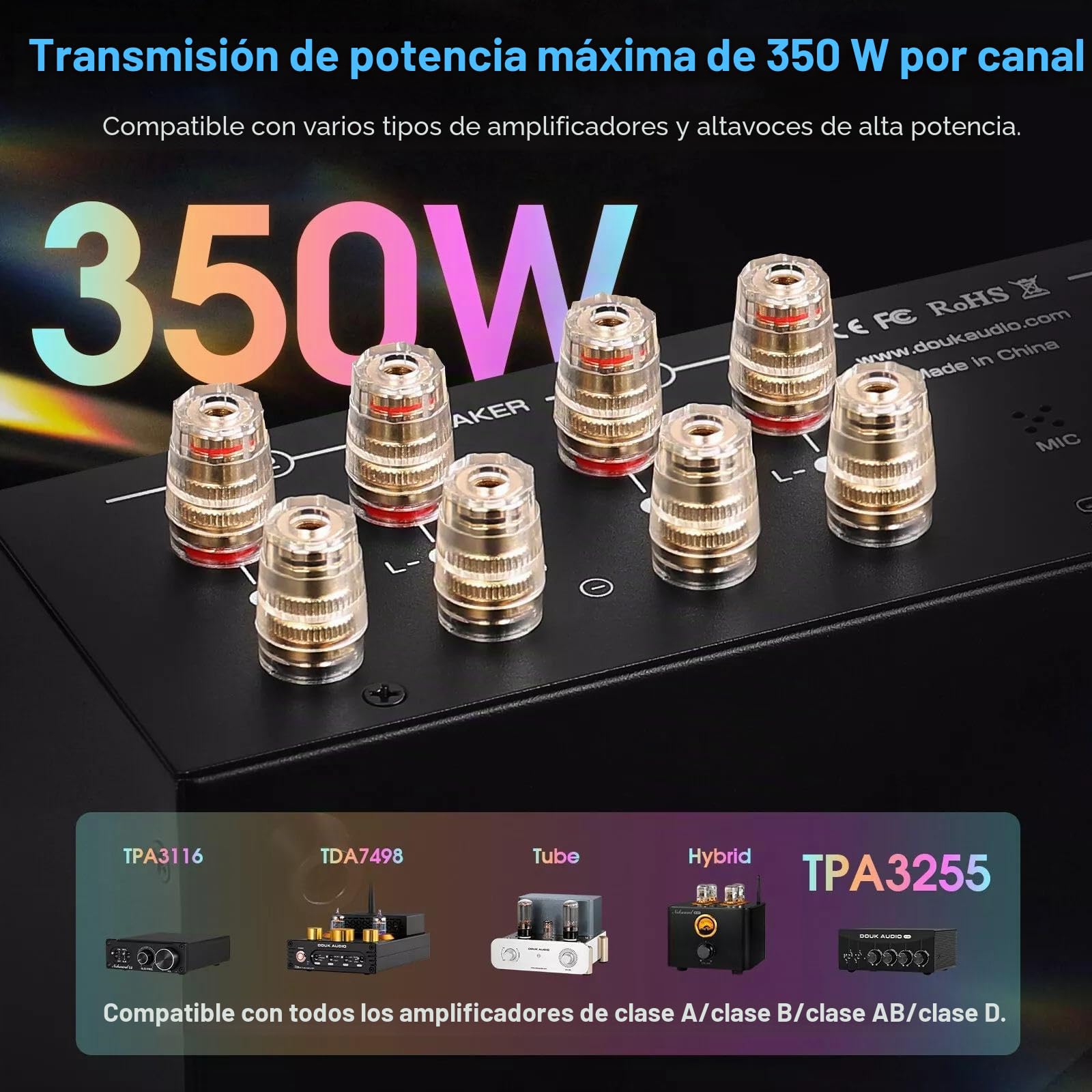 DoukAudio VU3PRO - Medidor VU analógico dual, interruptor de amplificador de 2 vías, selección de altavoces, amplificador de audio, 2 en 2 salidas con pastilla MIC y pantalla de panel DB