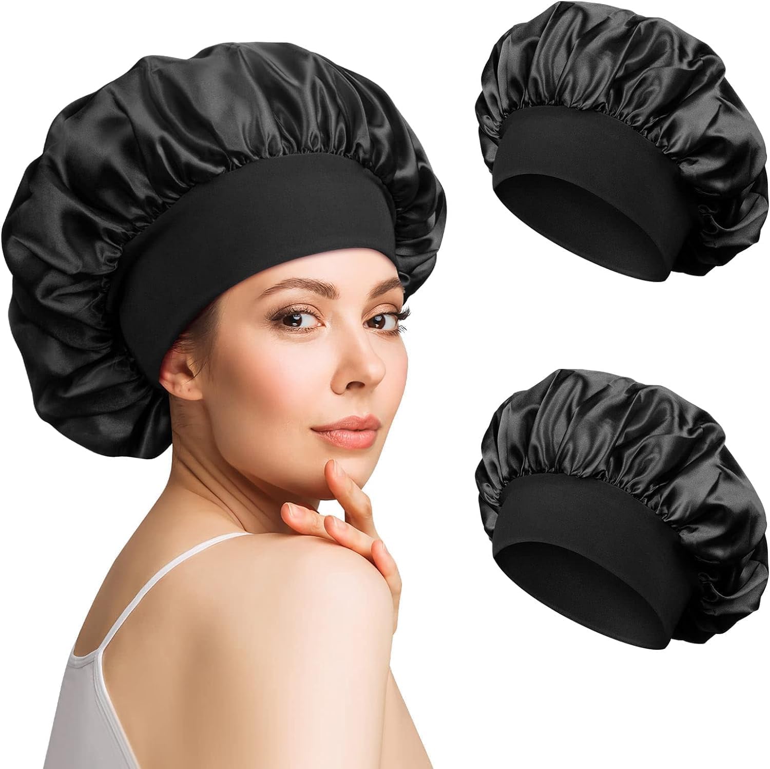 McMola 2pcs Satin Bonnet Silk Bonnet for Curly Hair, Hairs Bonnets Silk Hair Wrap for Sleeping, Night Sleep Cap for Women (Black)