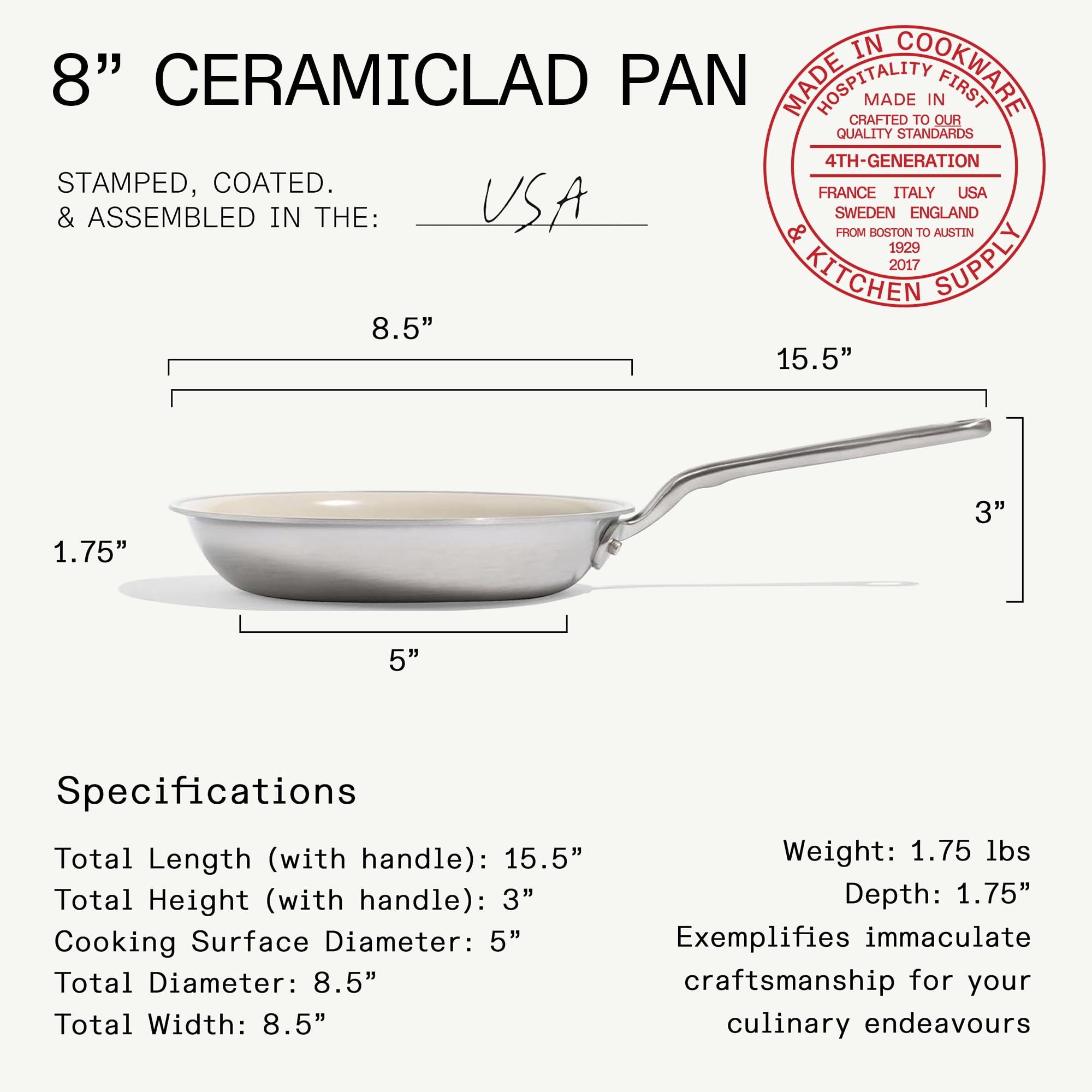 Made In Cookware - Sartén antiadherente CeramiClad de 8 pulgadas (mango inoxidable) - Revestimiento de acero inoxidable de 5 capas con mango que se mantiene fresco - Utensilios de cocina profesionales