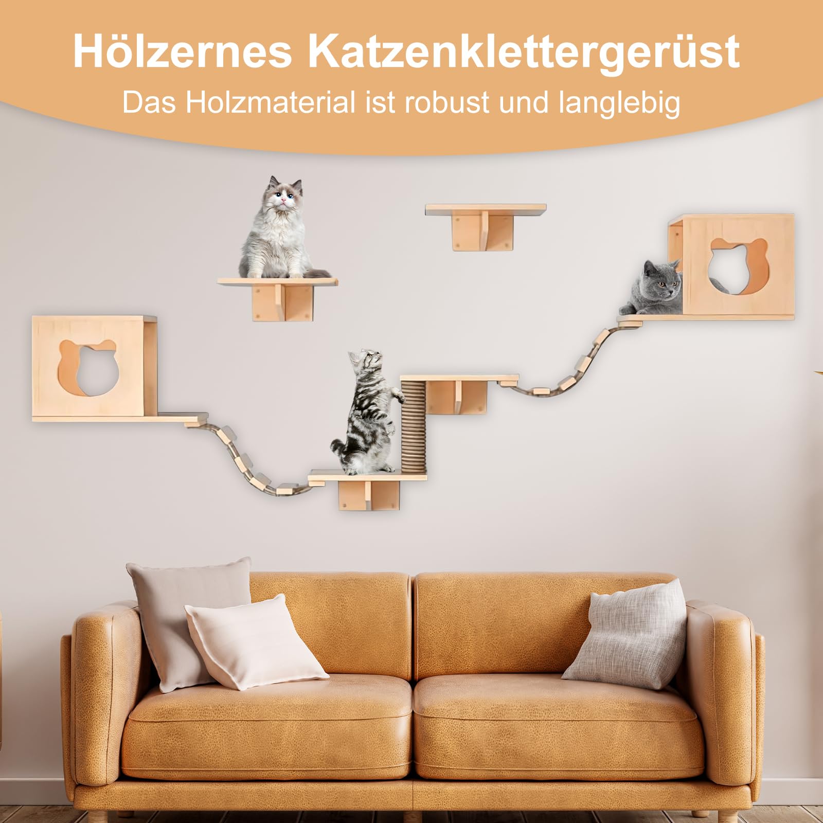 Kletterwand Katzen Set aus Kiefernholz Katzenwandmöbel Wandregale