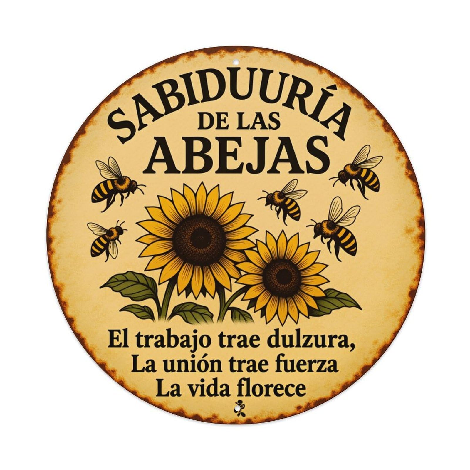 Sunflower Bees Wisdom Work Unity Round Tin Sign Vintage Metal Poster Retro Bar, Home, Man Cave, Kitchen, Laundry Room Wall Art Decor Gift 8x8Inch