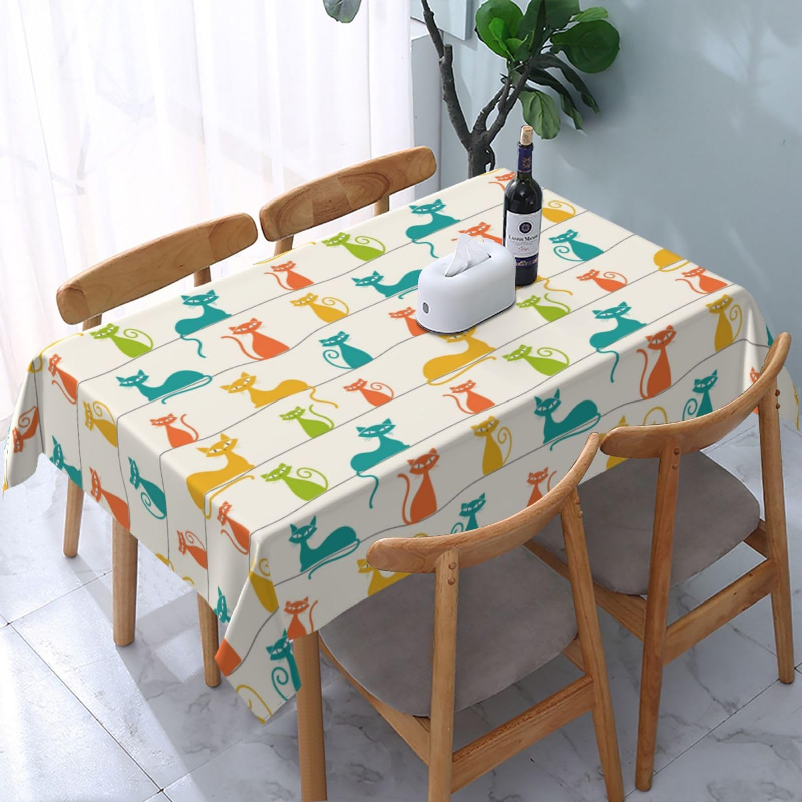 LANAIQO Mid Century Modern Cats Table Cloth, Cute Tablecloth Waterproof, Kitchen Dining Room Decorative Table Cover for Party Decorations Outdoor and