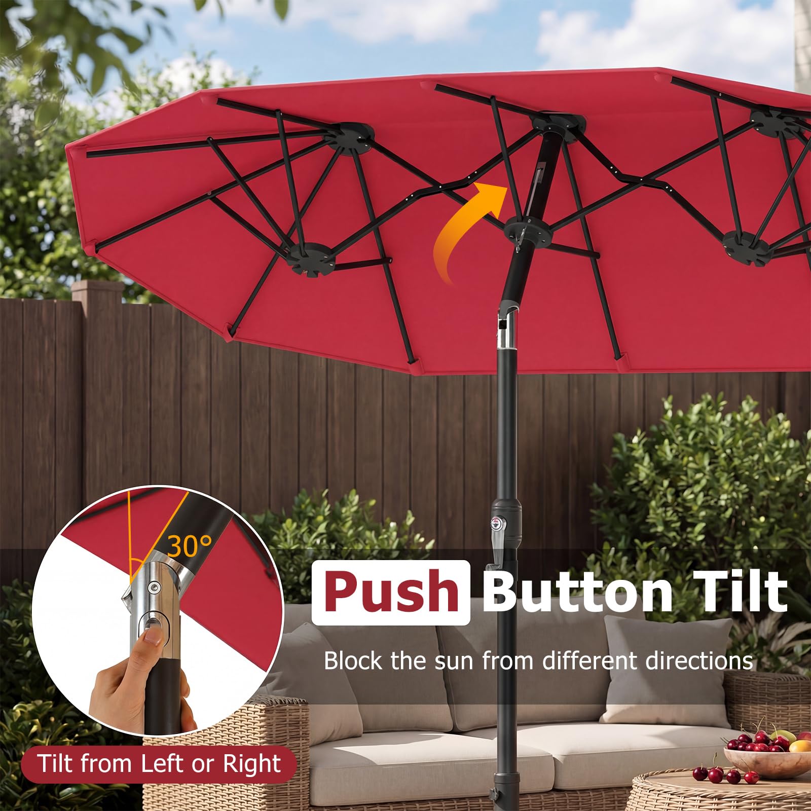 FANTASK Doppelsonnenschirm, 300x150cm, Gartenschirm knickbar mit Kurbel, Doppel Sonnenschirm, Marktschirm, Terrassenschirm für Garten, Terrasse, Balkon (Rot)