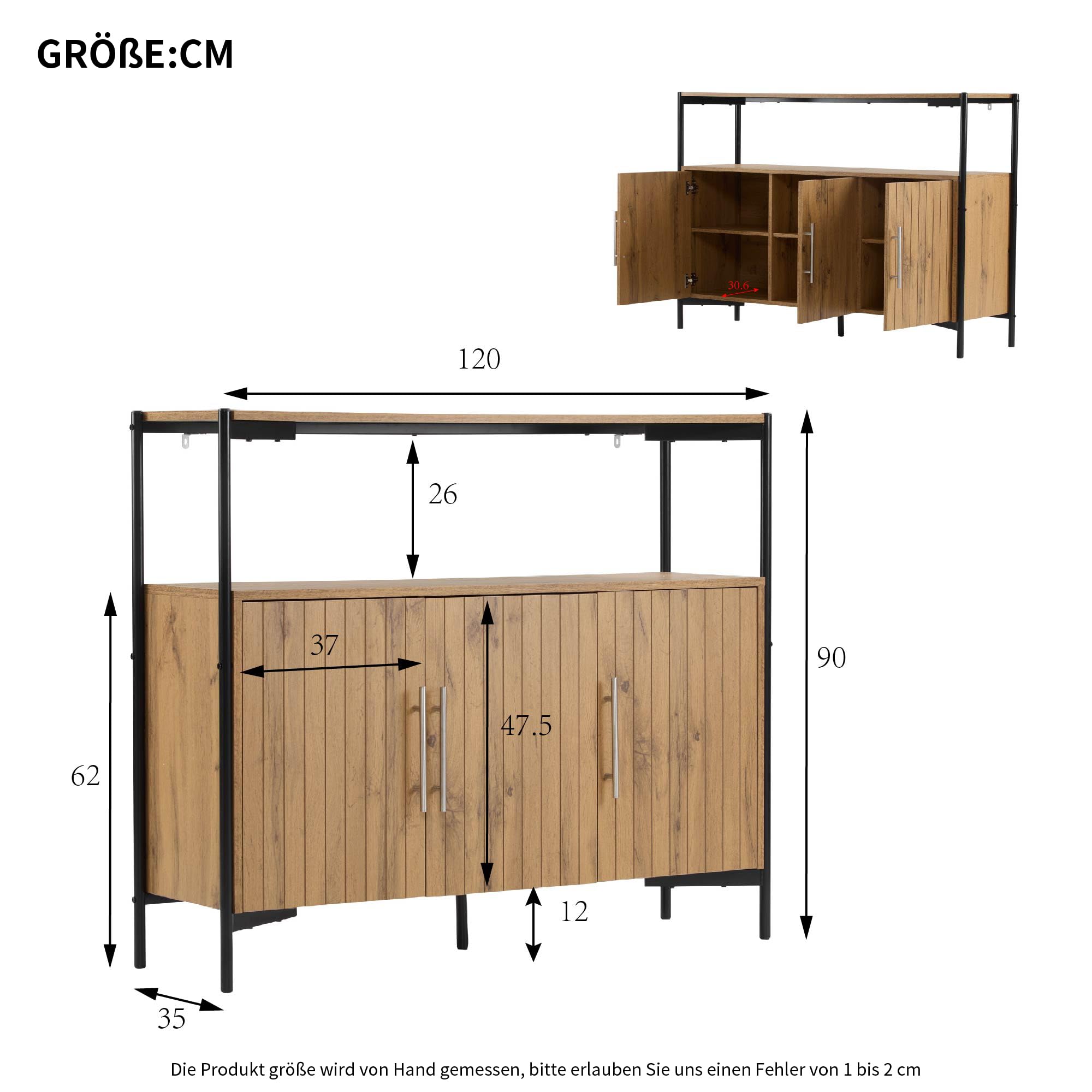 Aparador de 3 puertas con estantes ajustables, diseño industrial, aparador robusto para salón, comedor y pasillo, 90 x 120 x 35 cm