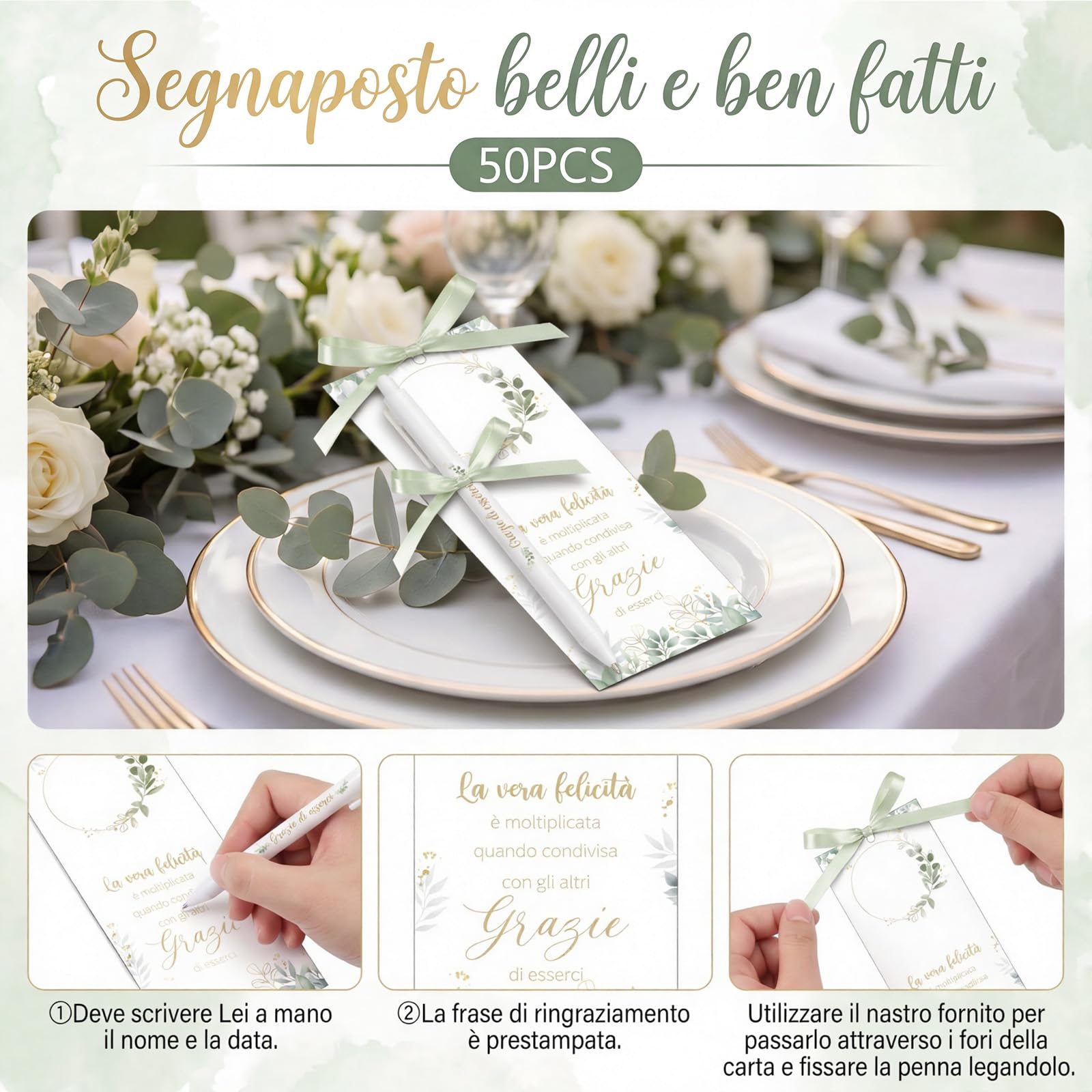 Nezyo 50 Pezzi Bomboniere Segnaposto con Penna e Nastro Segnaposto per Comunione Matrimonio Battesimo Cresima Compleanno Grazie Regalo per gli Ospiti Decoración da Tavola(Verde salvia)