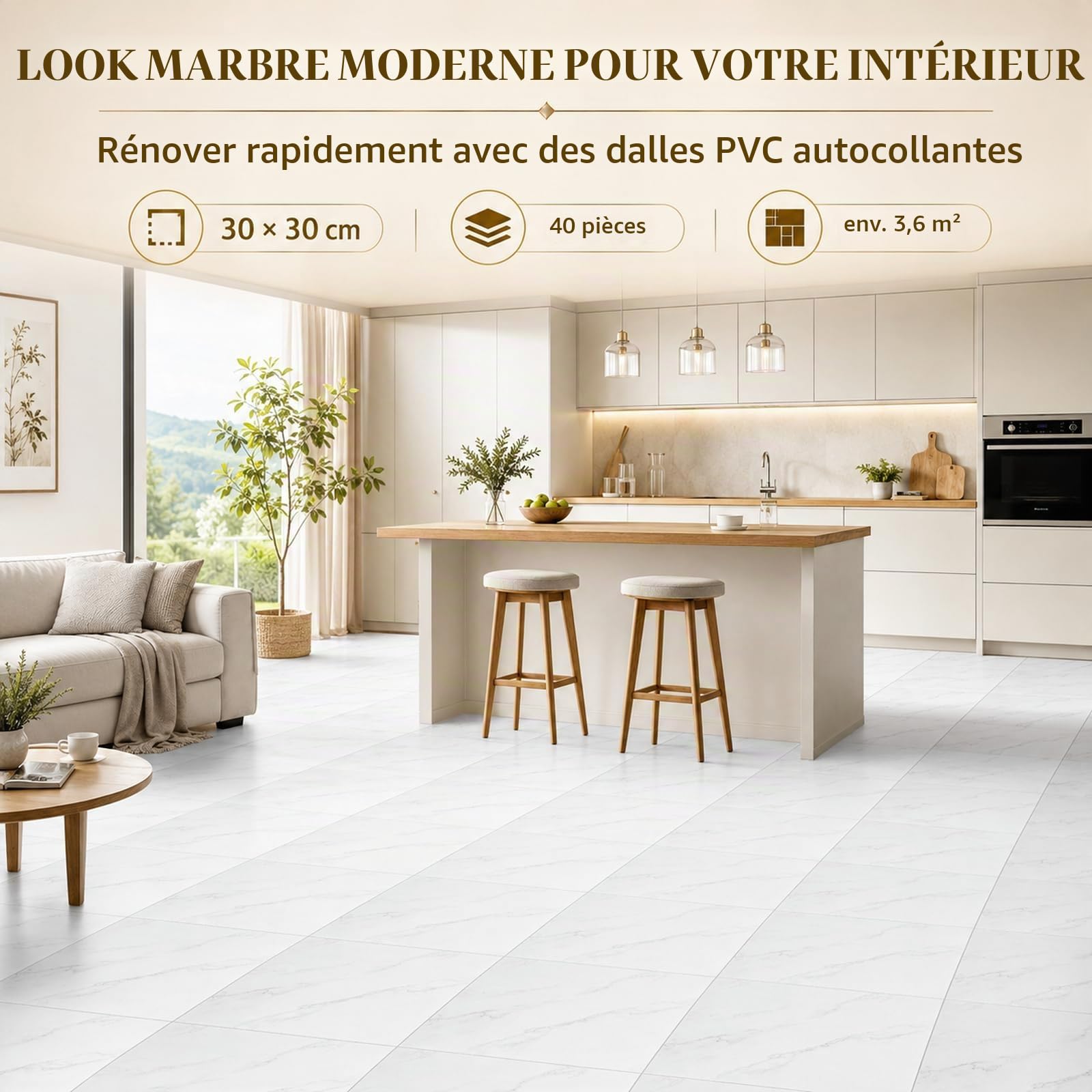 CYEER 40 Dalles PVC Adhésives Sol 30x30cm, Sol Vinyle Autocollant Effet Marbre Blanc, Revêtement de Sol Imperméable et Épais pour Cuisine, Salle de Bain et Salon, Kit de Rénovation DIY 3,6 m²