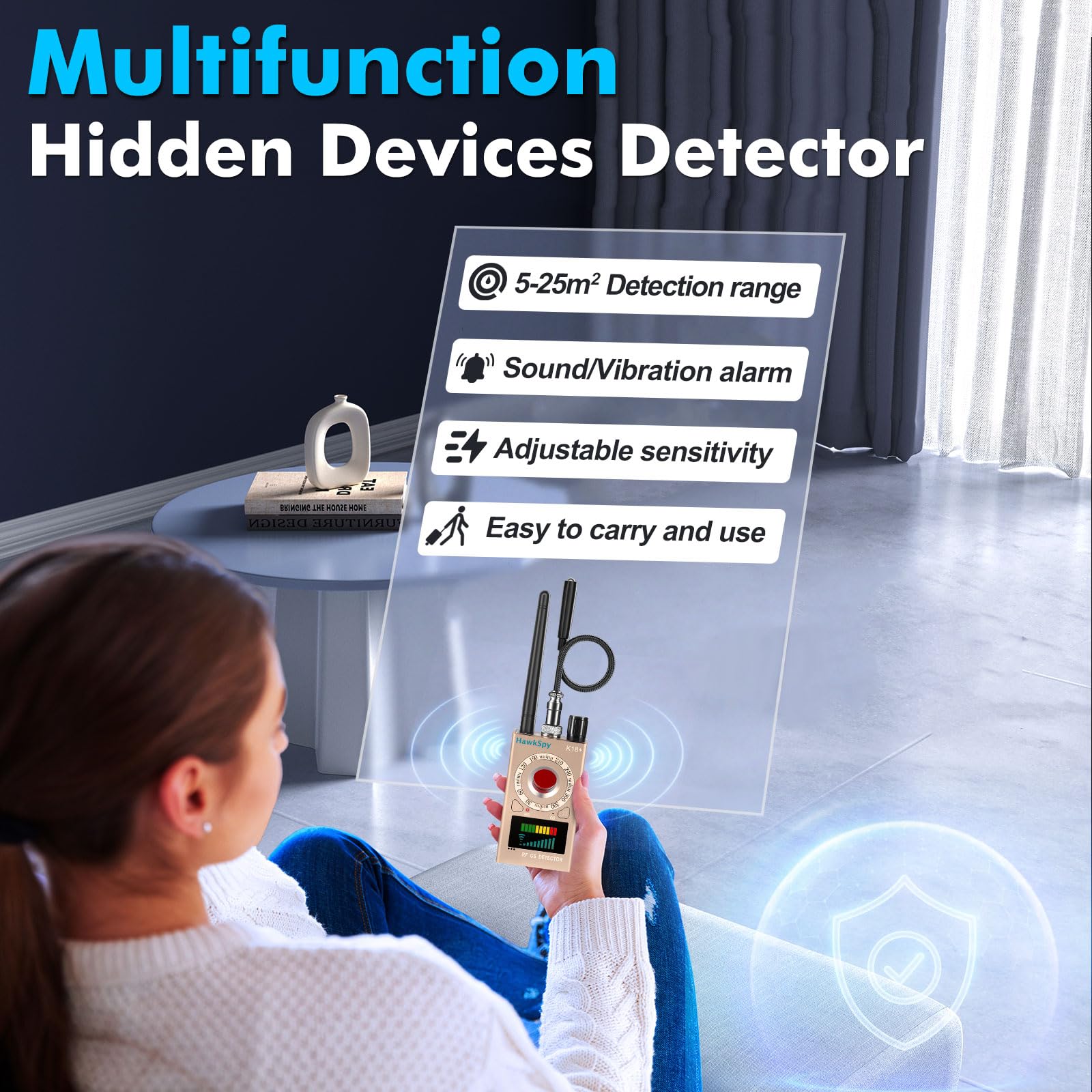 K18 Elektronischer Signaldetektor mit RF-Signalerkennung, Kamera Detektor, Magnetfelderkennung und Optischer Linsenerkennung, Ton- und Vibrationsalarm, Tragbar, USB-C, Gold