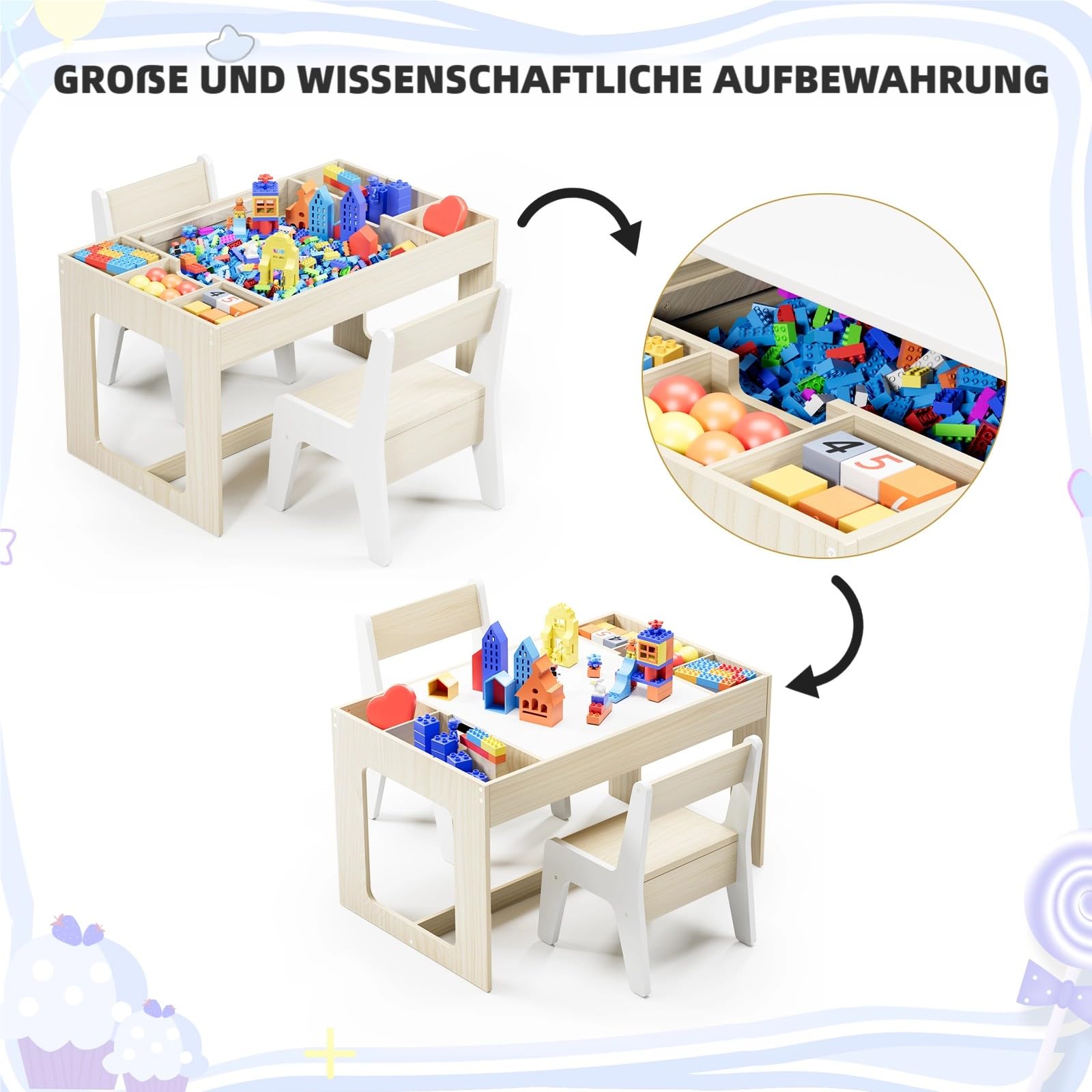 Clevich Table avec 2 Chaises avec Rangement, pour Enfant avec Plateau de Table Réversible, Bureau avec 2 PCS Chaise pour l'école, la Garderie, Bureau Enfant 3 Ans, Blanc