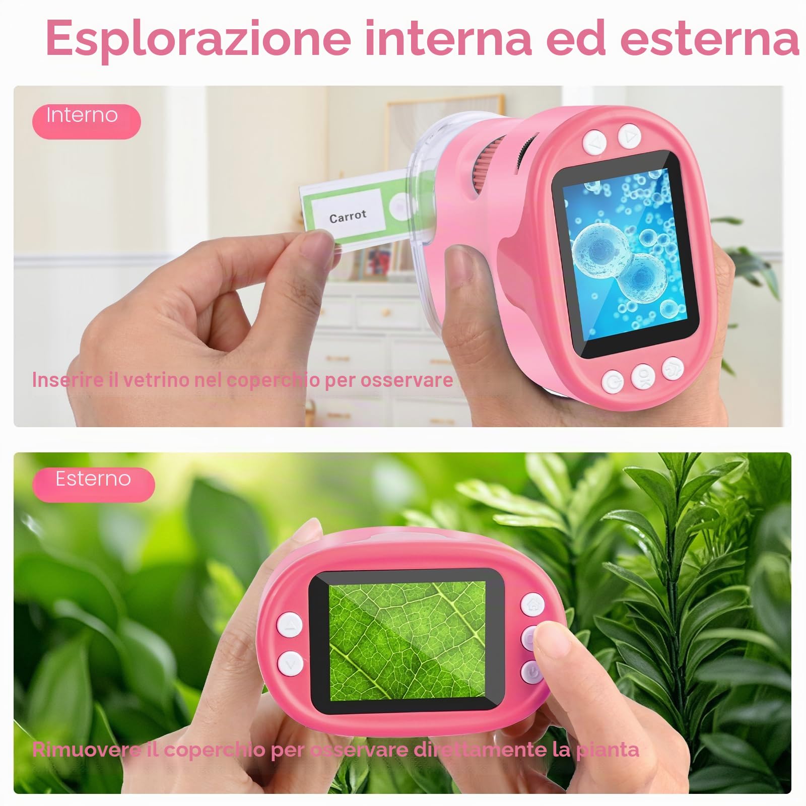 Microscopio per bambini, Vankarr 1000X Microscopio tascabile digitale portatile Mini microscopio per cellulare con scheda SD da 32GB, schermo IPS da 2 pollici, vetrini portaoggetti, regalo per bambini