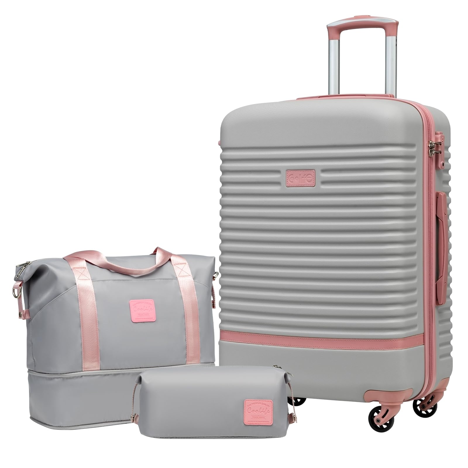 COOLIFE Koffer Set 3-TLG: Mittlerer Koffer + Reisetasche | ABS Hartschale Leicht, 360° Räder & TSA-Schlösser Für Europa, Kreuzfahrt & Auslandsstudium – Familienurlaub Essentials Grau/Rosa
