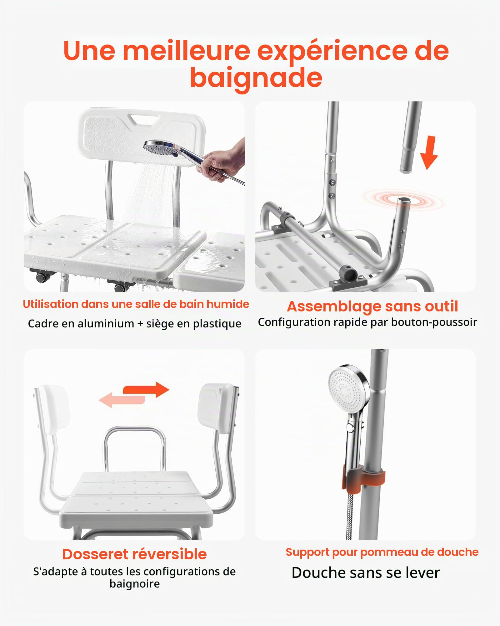 VEVOR Banc de Transfert Baignoire, Siège de Baignoire, Dossier, Poignée d'Appui et Fente pour Rideau, Capacité 180 kg, Chaise de Douche pour Adultes, Personnes Âgées et Handicapés, Hauteur Réglable