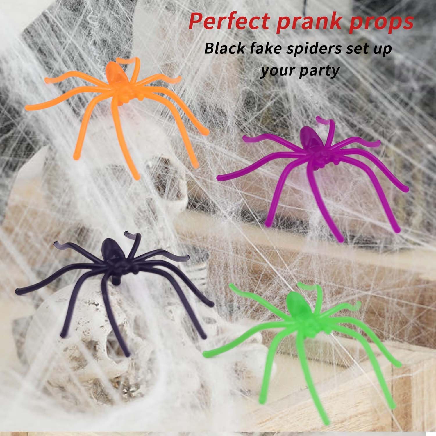 KOMIDK 120 Plastic Spiders - 4 Colors, Fake Halloween Decorations & Prank Props, 2x1.8 Inch Size