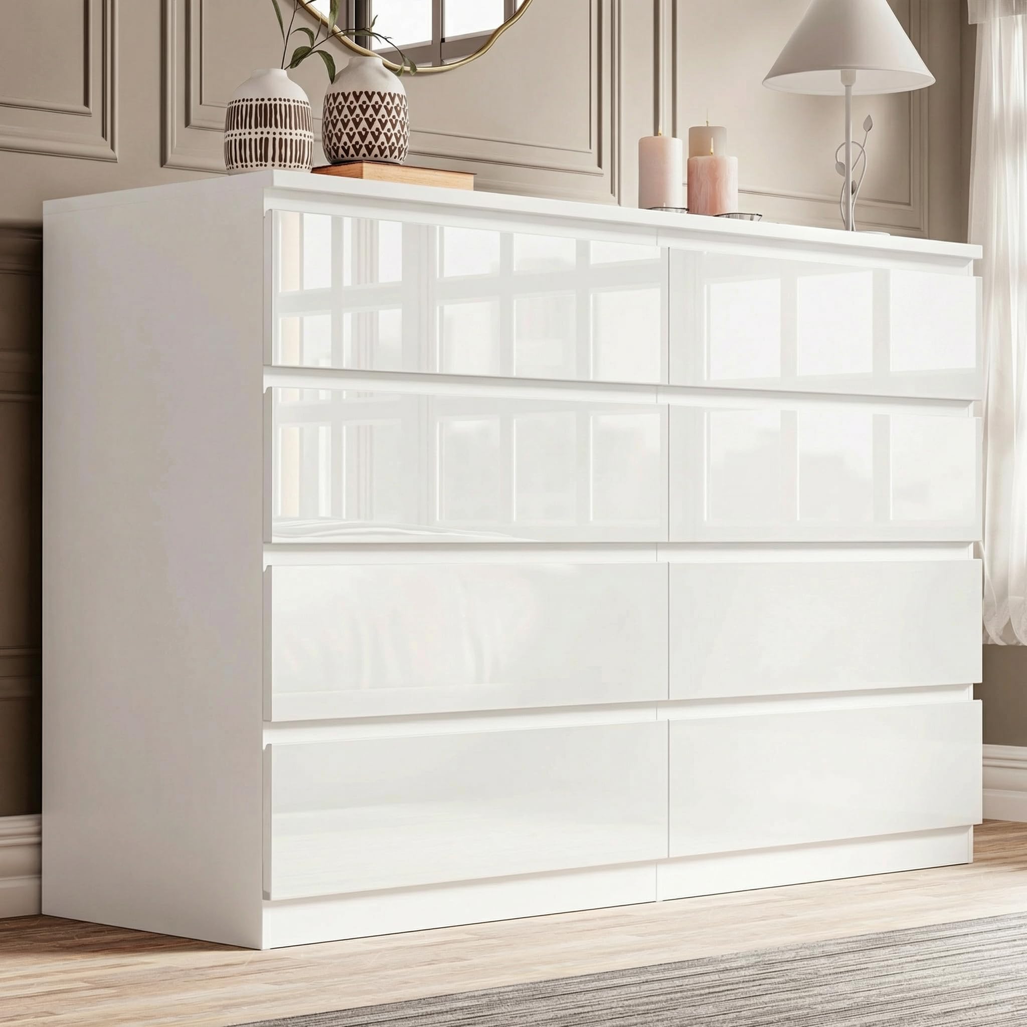 Blisswood High Gloss White Chest of Drawers Bedroom, 8 Drawer Tall Chest of Drawers, Wide Bedroom Storage Cabinet Dresser for Living Room, Office or Hallway, 97 x 40 x 115 cm