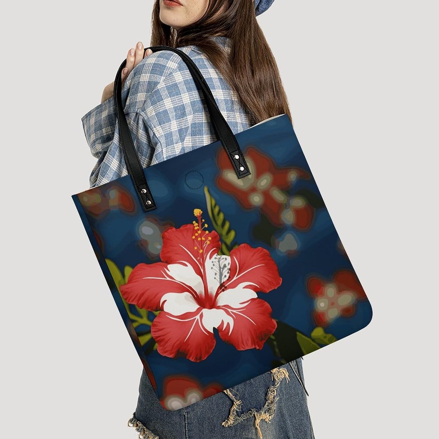 Hawaii Flower Tote Bag with Magnetic Buckle Reusable Grocery Bags Lightweight Cross Body Handbag for Daily Essentials