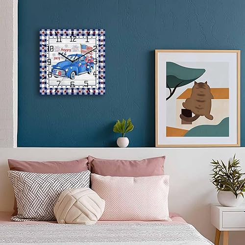Miniatura 3 de Happy 4th of July Wooden Wall Clock Silent Non Ticking, Blue Truck American Flag on Wood Square Wall Clock Battery Operated, Decor Clock for Home