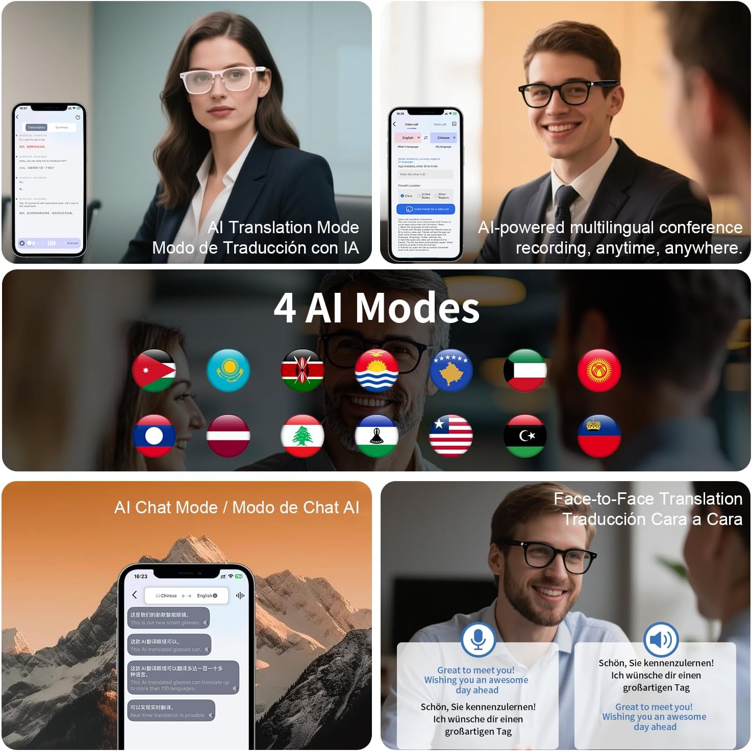 AI Bluetooth Glasses, AI Glasses Powered by ChatGPT, Color-Change Lenses, Support 169 Languages, Real-Time Translation via APP, Smart Glasses for Meeting/Travel/Trade (Clear)