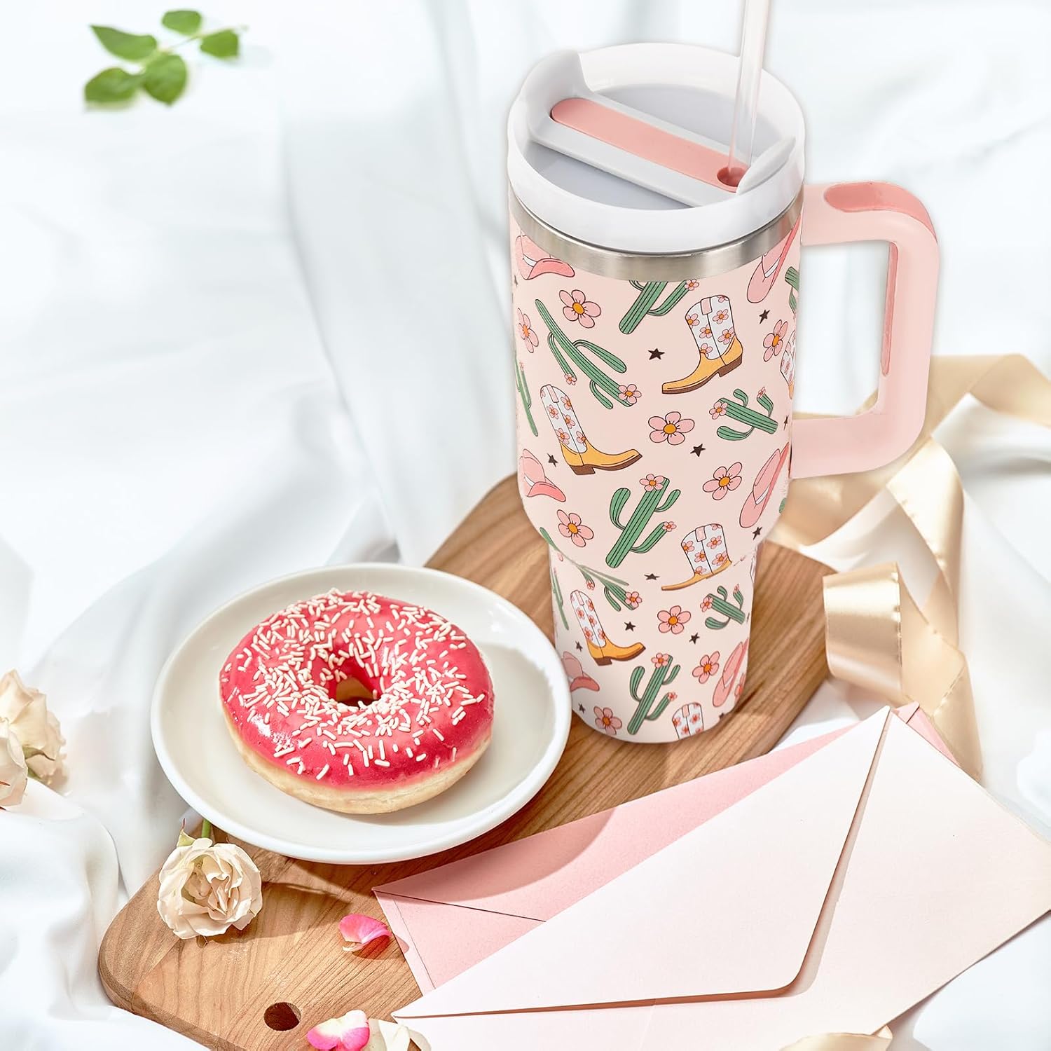 Cowgirl Tumbler with Straw and Lid 40oz Pink Cowgirl Boots Hat Cactus Flower Stainless Steel Cup with Handle Western Theme Travel Coffee Tumbler Cup for Home Office - Image 6
