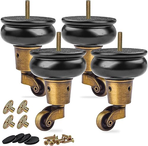 Patas de madera para muebles de 4 pulgadas con ruedas giratorias, paquete de 4 patas redondas de madera maciza negra clásica de repuesto para