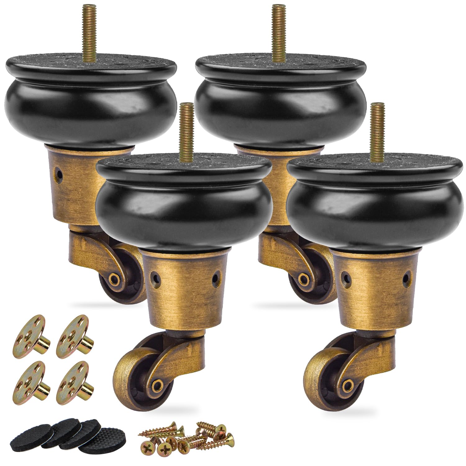 TCHOSUZ 4 inch / 10cm Wooden Furniture Legs with Casters Wheels, Pack of 4 Classic Black Solid Wood Round DIY Replacement Bun Feet for DIY Project Sofa Couch Cabinet Ottoman Bed Riser