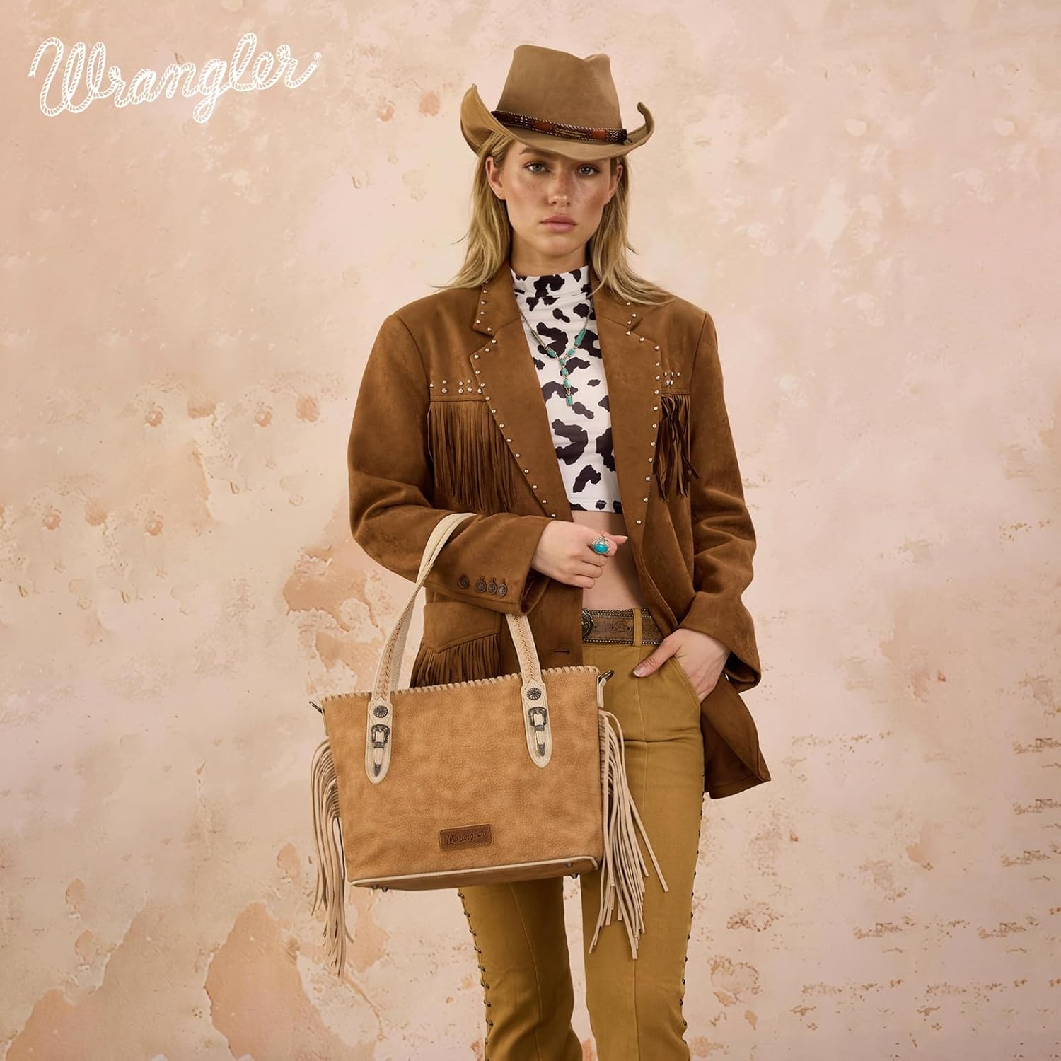 Wrangler Tote Bag for Women Western Fringe Shoulder Purse with Whipstitch Detail, Woven Top Handle Crossbody Handbag