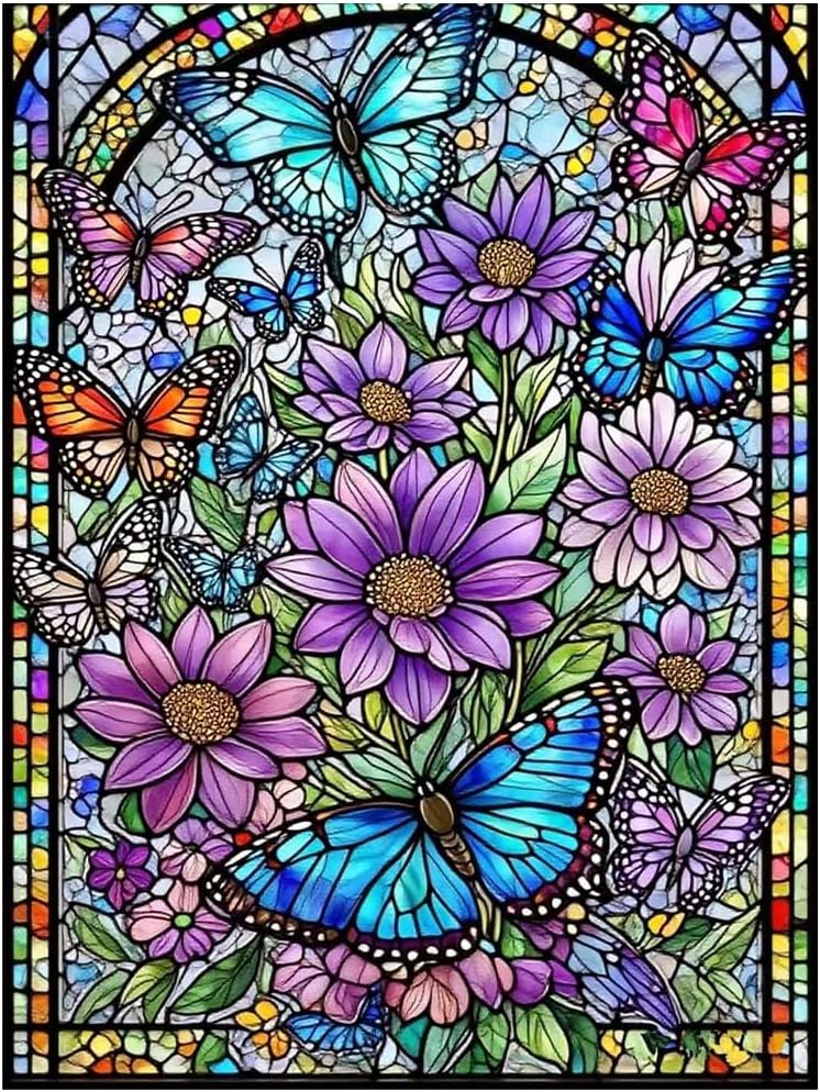 Stained Glass Diamond Painting Kit: Vibrant Flowers & Butterflies, 5D Full Drill DIY Diamond Art for Adults, Stress Relief Craft, Stunning Wall Decor Gift Idea (12x16 Inch)
