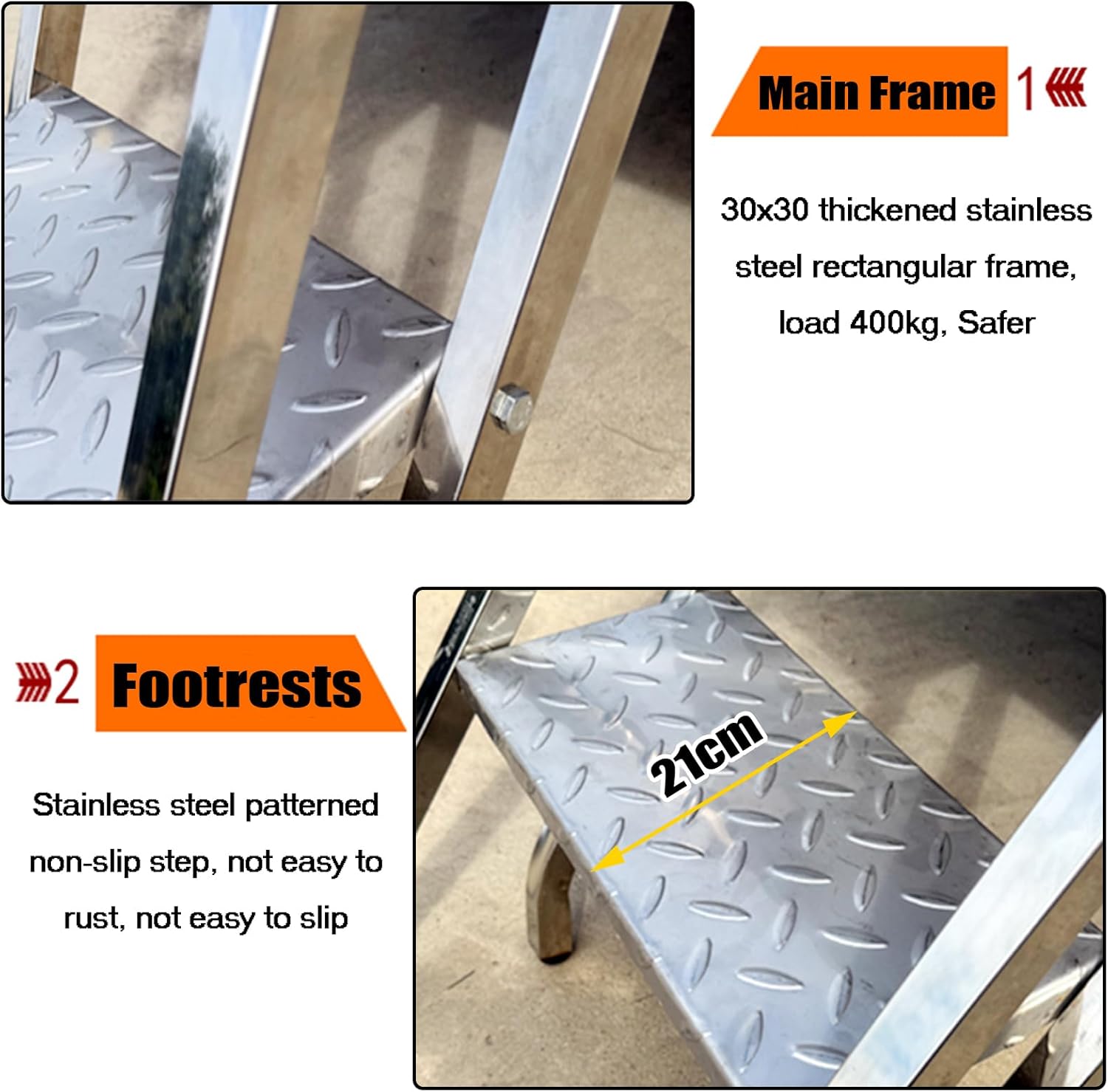 Stainless Steel Folding Ladder, 3-Step Commercial Cargo Ladders for Unloading, Factory Warehouse, Trucks, Vans Trailers, with Non-Slip Treads, Hook and Rubber Feet Pad (100cm/39.3in)