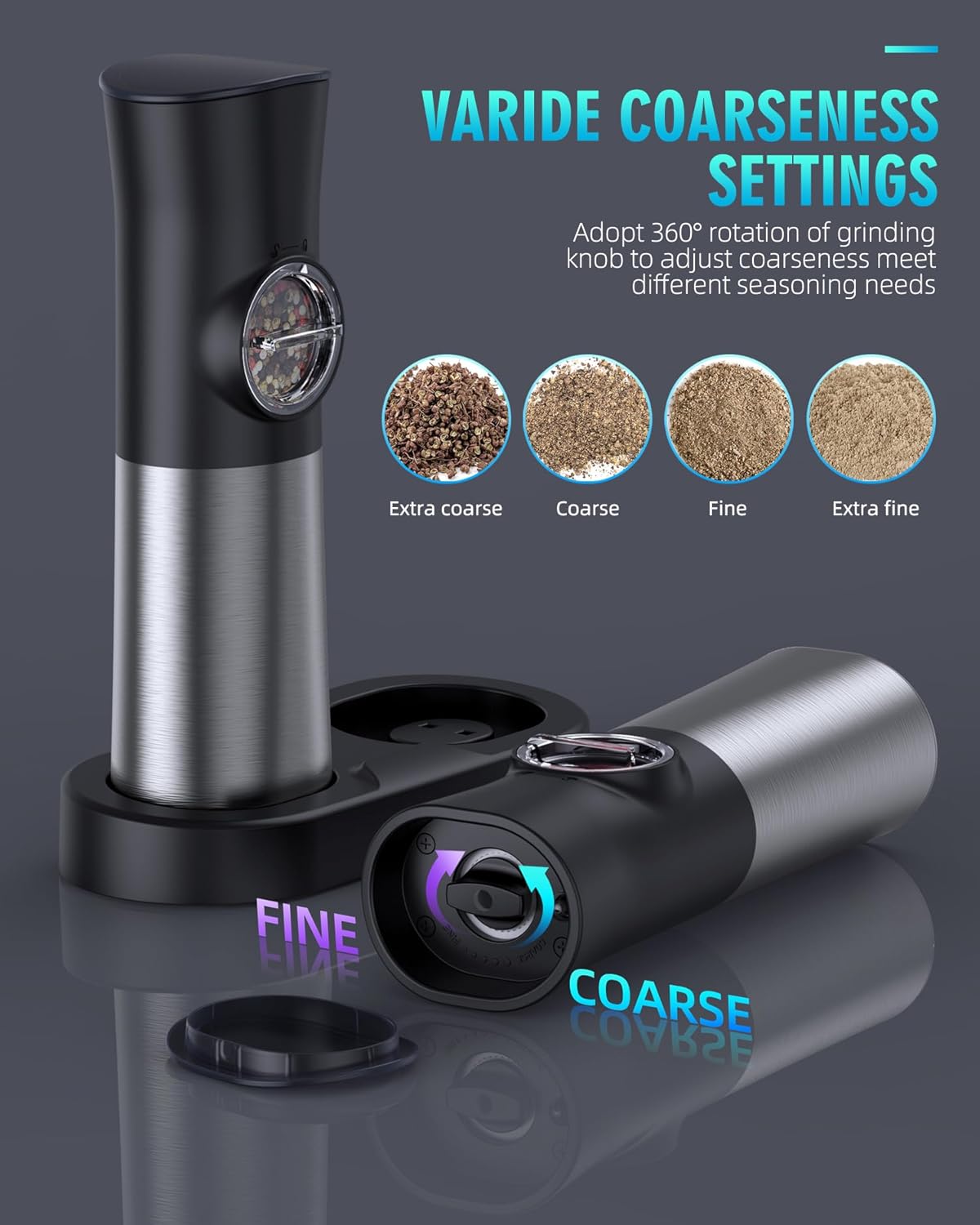 EVANLAN-Salt-and-Pepper-Grinder-Set - 𝐔𝐩𝐠𝐫𝐚𝐝𝐞𝐝 Large Capacity USB Rechargeable Automatic Pepper Mill Grinder Adjustable Coarseness One Hand Operated Stainless Steel