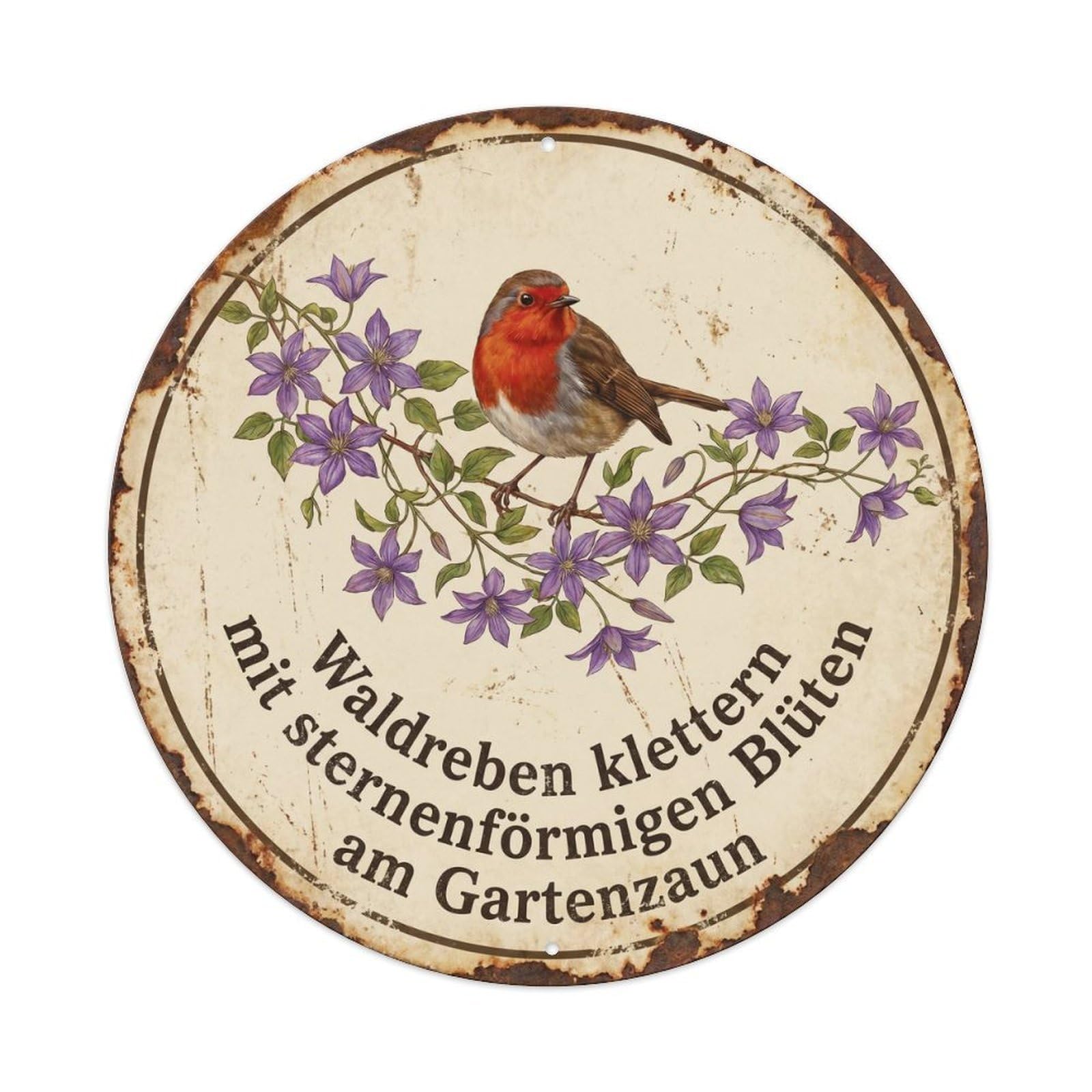 Robin Bird Garden Quote Clematis RoundMetal Tin Sign