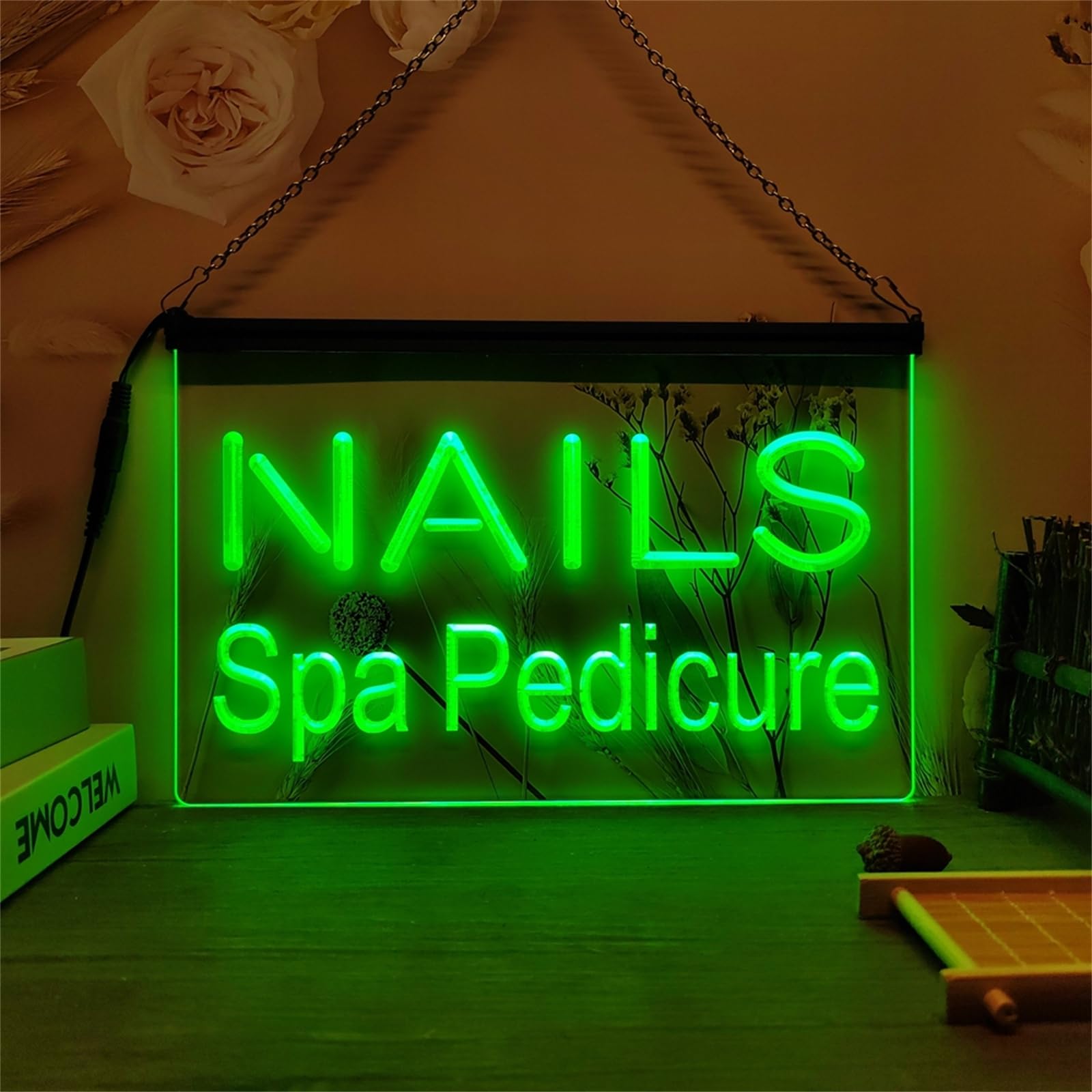 KEYQEEN Nails Spa Pedicure LED Neon Sign, Beauty Salon 3D Carving Neon Lights for Business Room Wall Decor USB Luminous Signs,Green,60x40cm