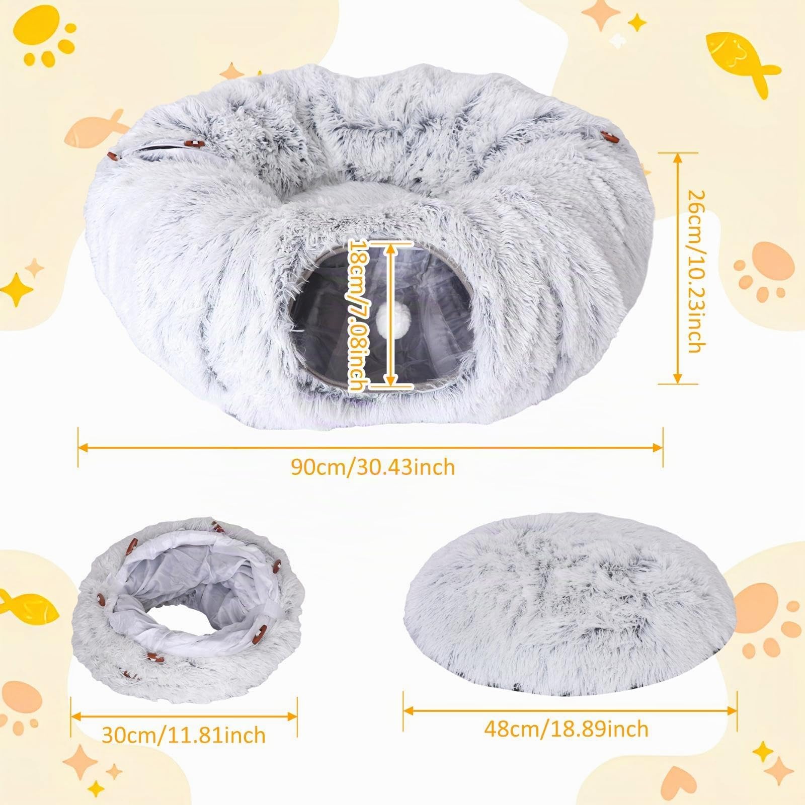 Baoblaze Plüsch Katzentunnel mit Schlafplatz, Katzen Spieltunnel 3 in 1, Ultra weiche Runde Donut Form mit Spiel, Cat Tunnel Bed, Rascheltunnel Für Katzen, GRAU