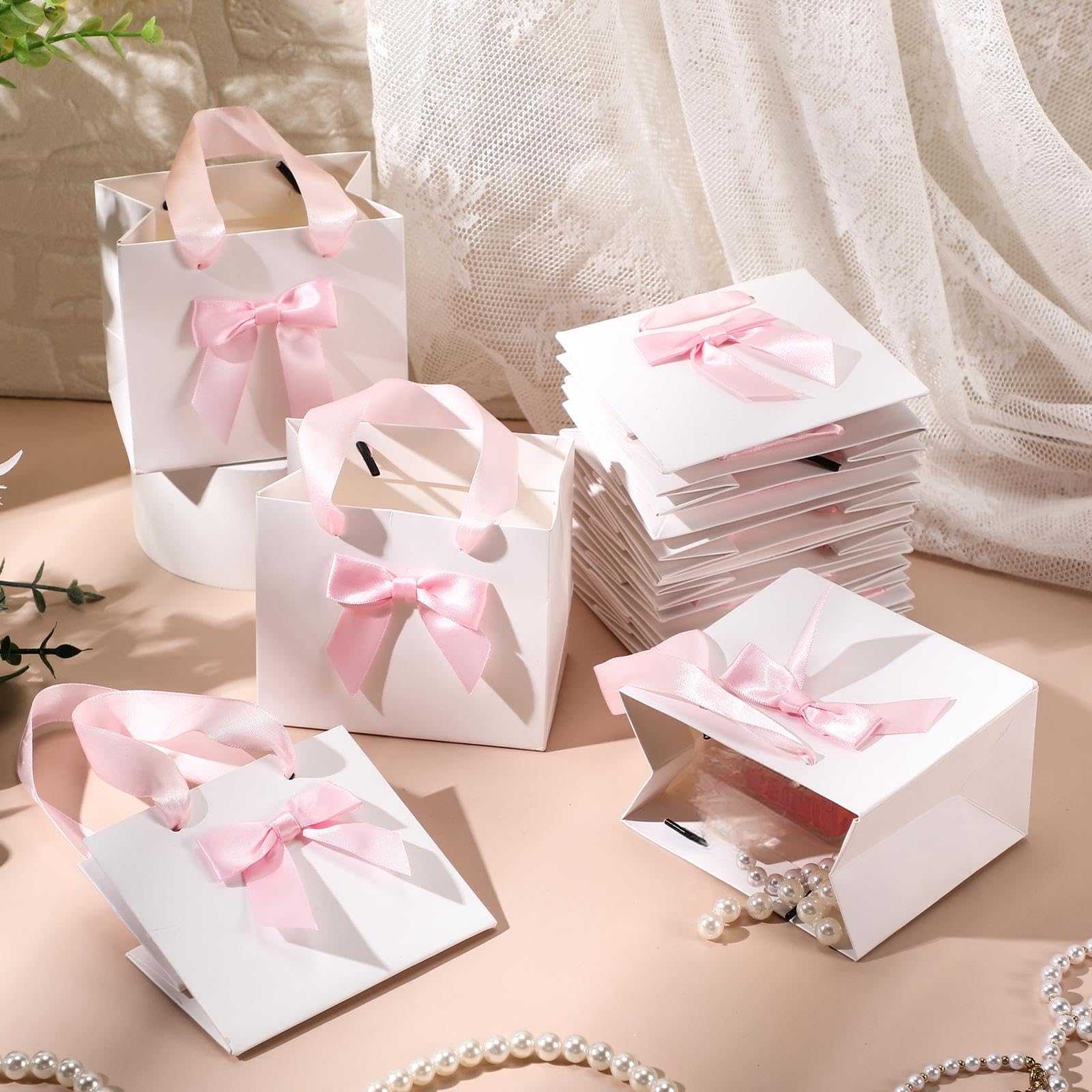 Kolldenn 50 Pcs Mini Gift Bags with Pink Bow Ribbon 4''x2.7''x4.5'' Small White Paper Thank You Goodie Gift Bags Bulk with Handle for Baby Shower Wedding Graduation Party Favor Birthday Return Guests