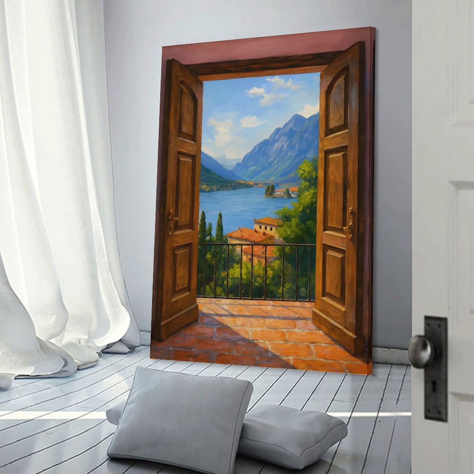 Junmoney Open Door to Lake Como View Room Decor Wall Art, 16x24inch(40x60cm), for Living Room, Lounge Or Sitting Room, A Home Accent with Warm Character