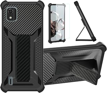 bojioderf Case Compatible for Nokia C2 2E Phone Case Stand Cover [with Tempered Glass Screen Protector] Hybrid Case [Folding Support Magnetic] [Frosted Anti-Fingerprint] Black