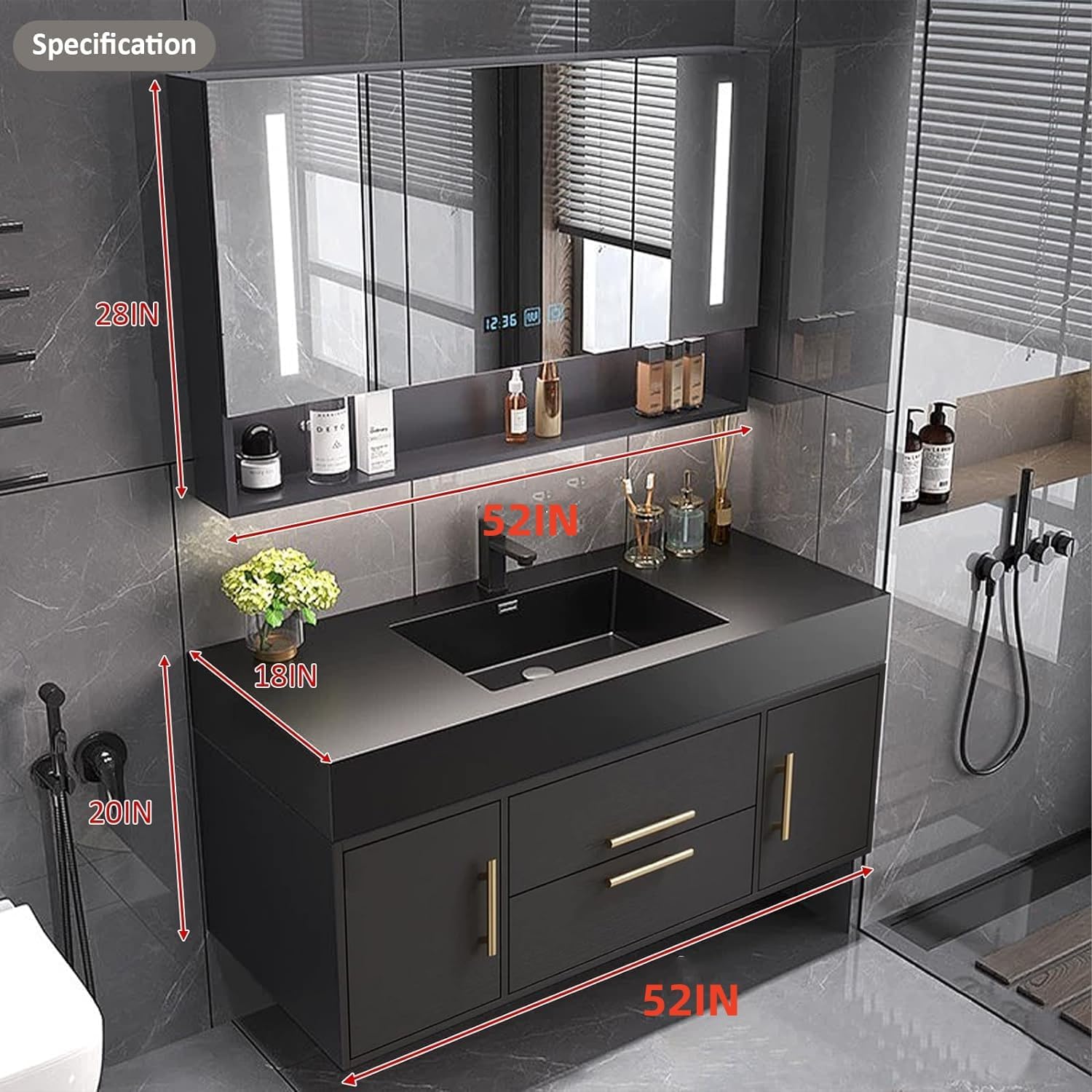 52IN Bathroom Vanity with Single Sink, Smart Mirror Cabinet Including Demisting and LED Light, Modern Wall Mounted Bathroom Vanities, Solid Wood